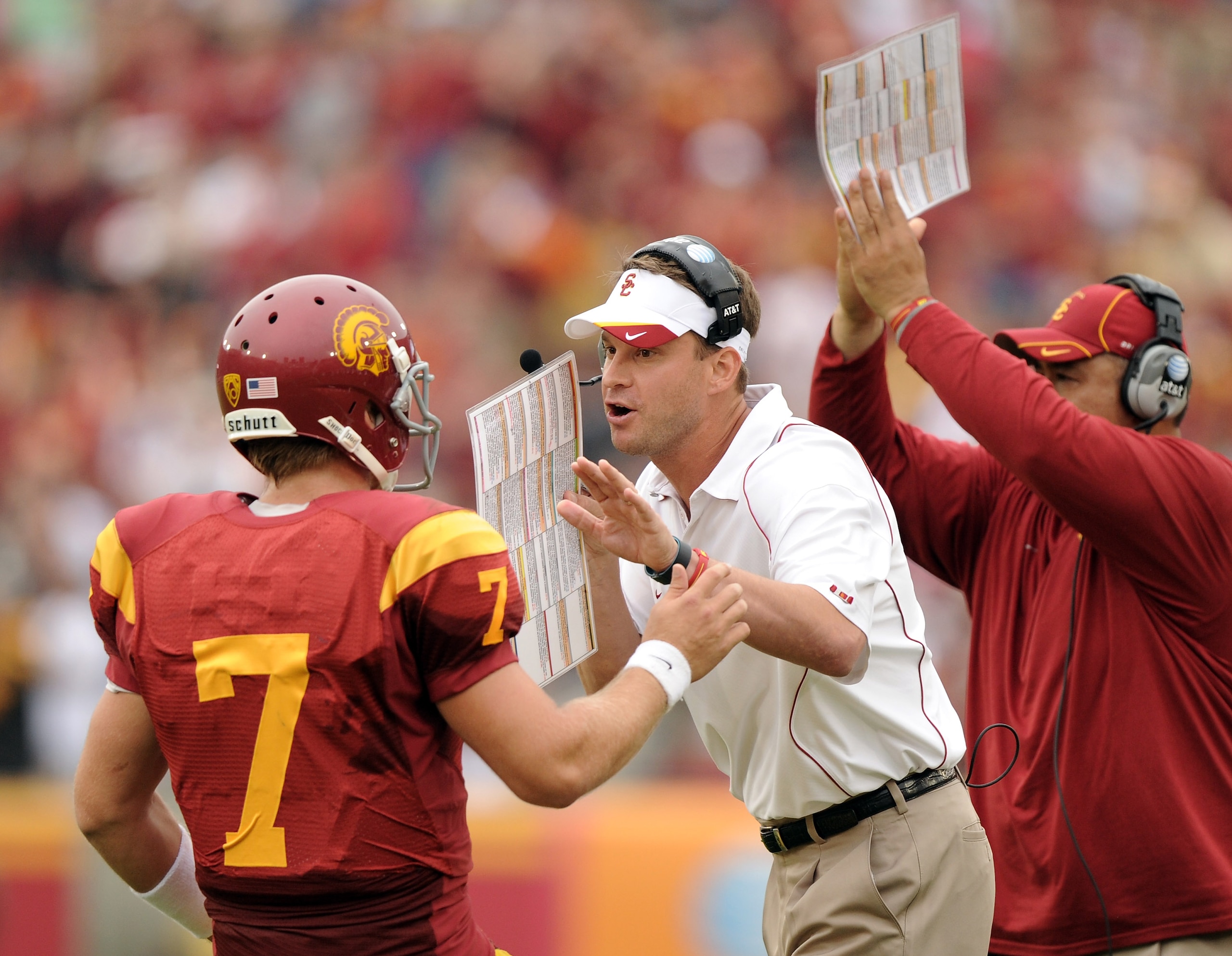 LOS ANGELES, CA - OCTOBER 16: Head Coach Lane Kiffin and Matt Barkley #7 of the USC Trojans react to a 3rd and 1 conversion against the California Golden Bears during the second quarter at Los Angeles Memorial Coliseum on October 16, 2010 in Los Angeles, LOS ANGELES, CA - OCTOBER 16: Head Coach Lane Kiffin and Matt Barkley #7 of the USC Trojans react to a 3rd and 1 conversion against the California Golden Bears during the second quarter at Los Angeles Memorial Coliseum on October 16, 2010 in Los Angeles,