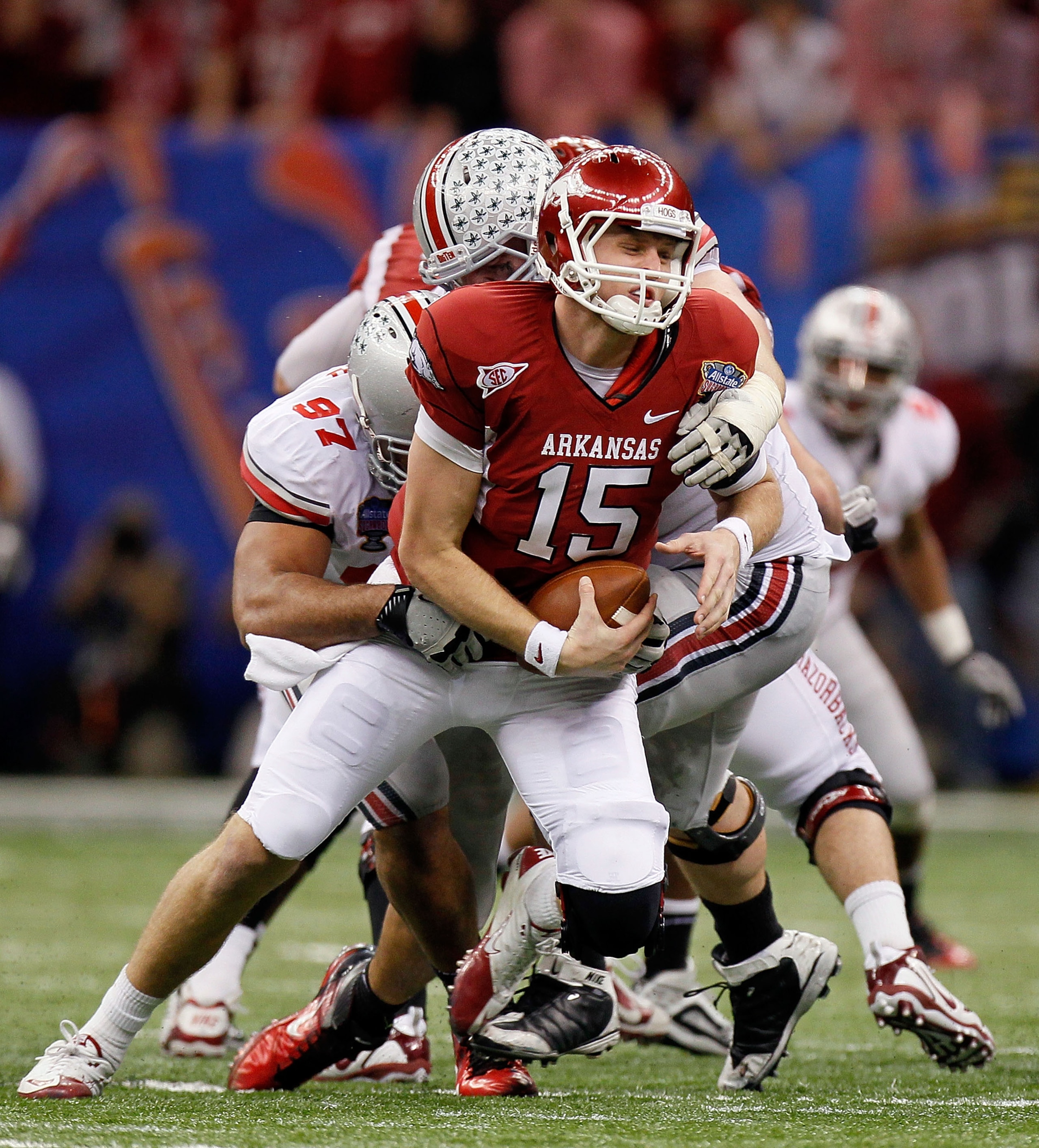 NEW ORLEANS, LA - JANUARY 04: Quarterback Ryan Mallett #15 of the Arkansas Razorbacks is sacked by Cameron Heyward #97 and Dexter Larimore #72 of the Ohio State Buckeyes in the fourth quarter during the Allstate Sugar Bowl at the Louisiana Superdome on J NEW ORLEANS, LA - JANUARY 04: Quarterback Ryan Mallett #15 of the Arkansas Razorbacks is sacked by Cameron Heyward #97 and Dexter Larimore #72 of the Ohio State Buckeyes in the fourth quarter during the Allstate Sugar Bowl at the Louisiana Superdome on J