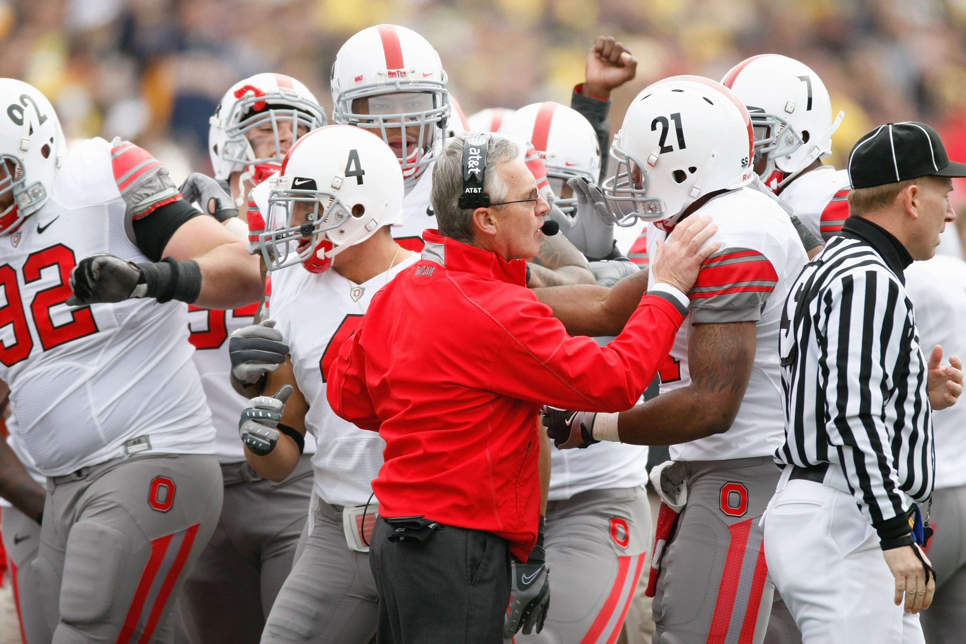 ANN ARBOR, MI - NOVEMBER 21: Head coach Jim Tressel of the Ohio State Buckeyes encourages his players before the game against the Michigan Wolverines on November 21, 2009 at Michigan Stadium in Ann Arbor, Michigan. Ohio State won the game 21-10. (Photo by