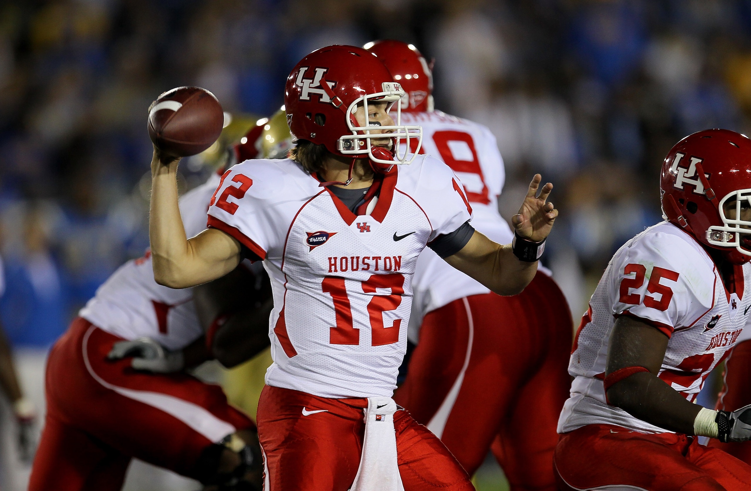 PASADENA, CA - SEPTEMBER 18: Quarterback Cotton Turner #12 of the Houston Cougars throws a pass against the UCLA Bruins at the Rose Bowl on September 18, 2010 in Pasadena, California. UCLA won 31-13. (Photo by Stephen Dunn/Getty Images) PASADENA, CA - SEPTEMBER 18: Quarterback Cotton Turner #12 of the Houston Cougars throws a pass against the UCLA Bruins at the Rose Bowl on September 18, 2010 in Pasadena, California. UCLA won 31-13. (Photo by Stephen Dunn/Getty Images)