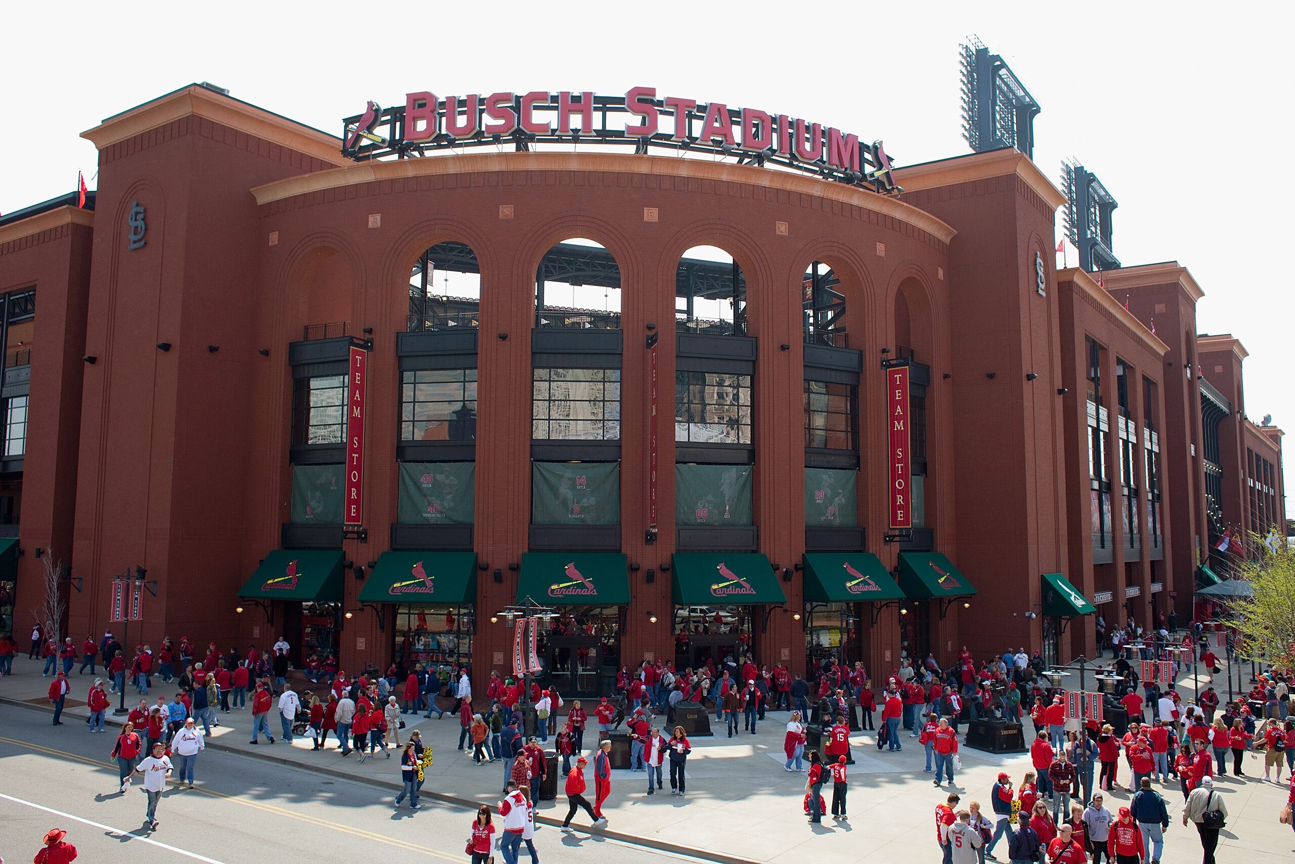 ST. LOUIS, MO - MARCH 31: Fans congregate outside Busch Stadium on opening day before the San Diego Padres play against the St. Louis Cardinals on March 31, 2011 in St. Louis, Missouri.  (Photo by Dilip Vishwanat/Getty Images)