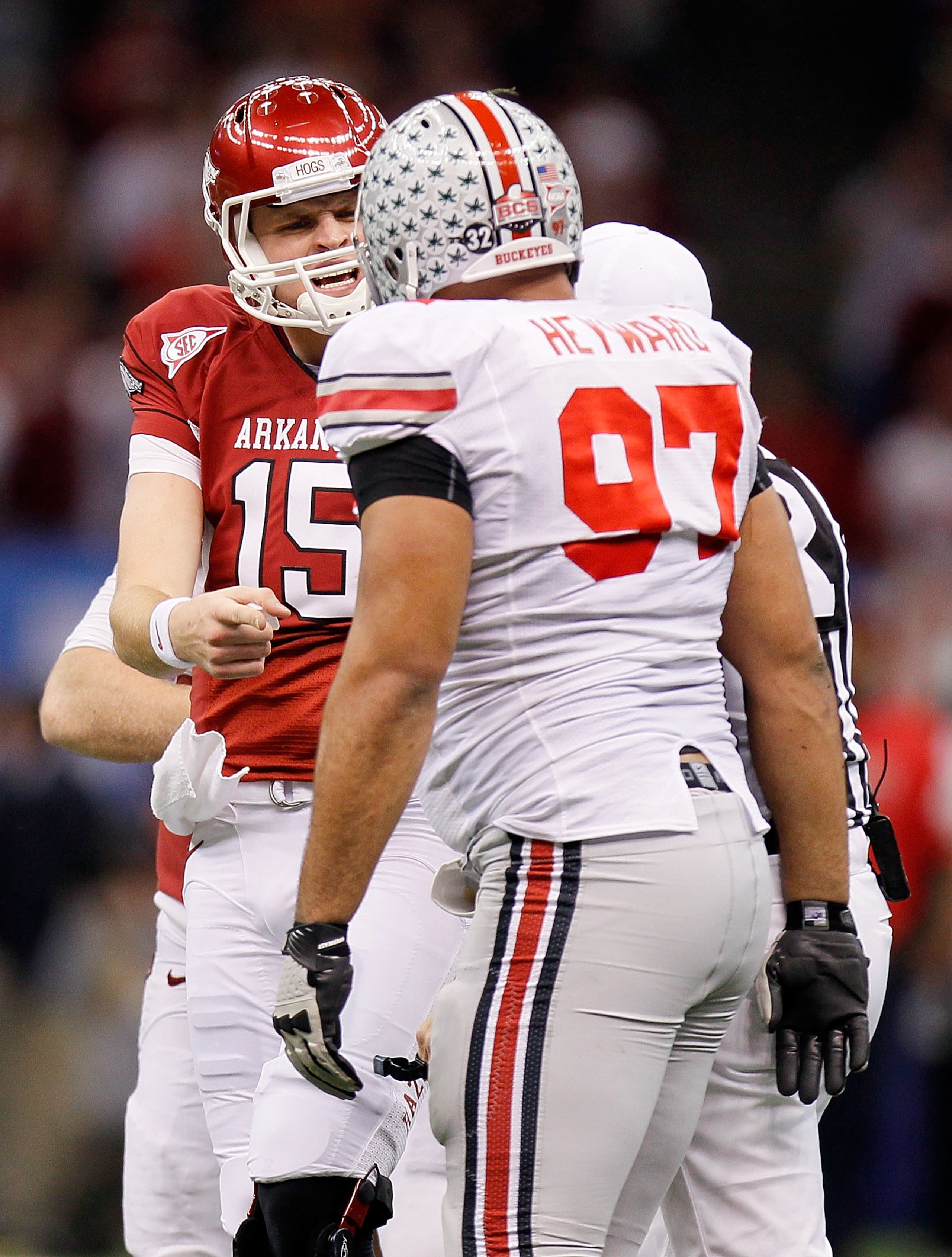 NEW ORLEANS, LA - JANUARY 04: Ryan Mallett #15 of the Arkansas Razorbacks exchanges words with Cameron Heyward #97 of the Ohio State Buckeyes in the second quarter during the Allstate Sugar Bowl at the Louisiana Superdome on January 4, 2011 in New Orlean NEW ORLEANS, LA - JANUARY 04: Ryan Mallett #15 of the Arkansas Razorbacks exchanges words with Cameron Heyward #97 of the Ohio State Buckeyes in the second quarter during the Allstate Sugar Bowl at the Louisiana Superdome on January 4, 2011 in New Orlean