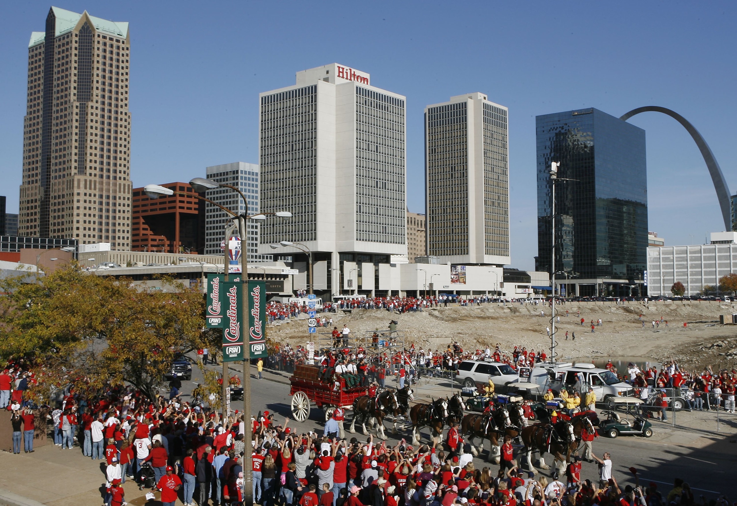 ST. LOUIS - OCTOBER 29:  Manager Tony LaRussa of the St. Louis Cardinals rides on the Budweiser cart during the World Series championship victory parade on October 29, 2006 in downtown St. Louis, Missouri.  The Cardinals won their first World Series in 24