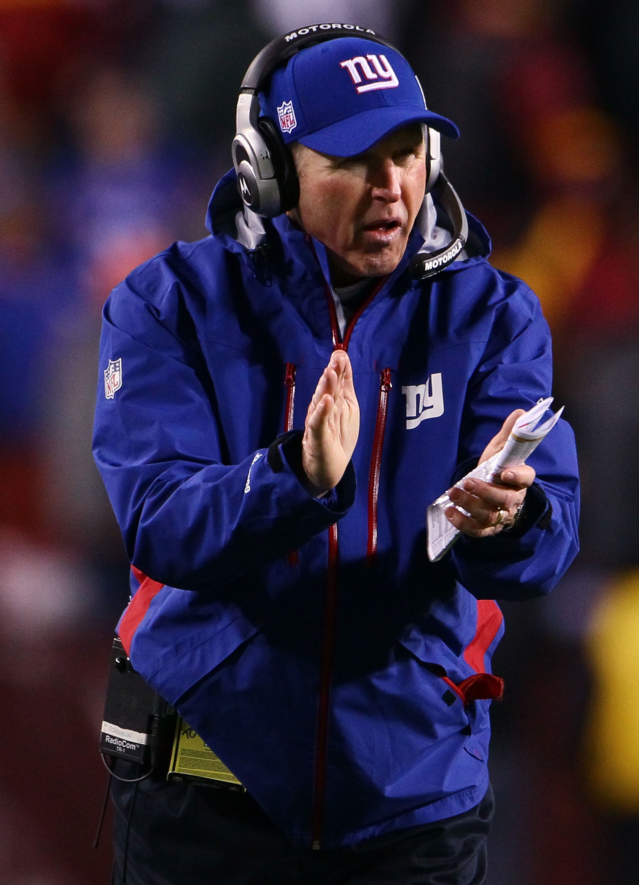 LANDOVER, MD - JANUARY 02: Head coach Tom Coughlin of the New York Giants encourages his players in the fourth quarter against the Washington Redskins at FedEx Field on January 2, 2011 in Landover, Maryland. The Giants won the game 17-14. (Photo by Win LANDOVER, MD - JANUARY 02: Head coach Tom Coughlin of the New York Giants encourages his players in the fourth quarter against the Washington Redskins at FedEx Field on January 2, 2011 in Landover, Maryland. The Giants won the game 17-14. (Photo by Win