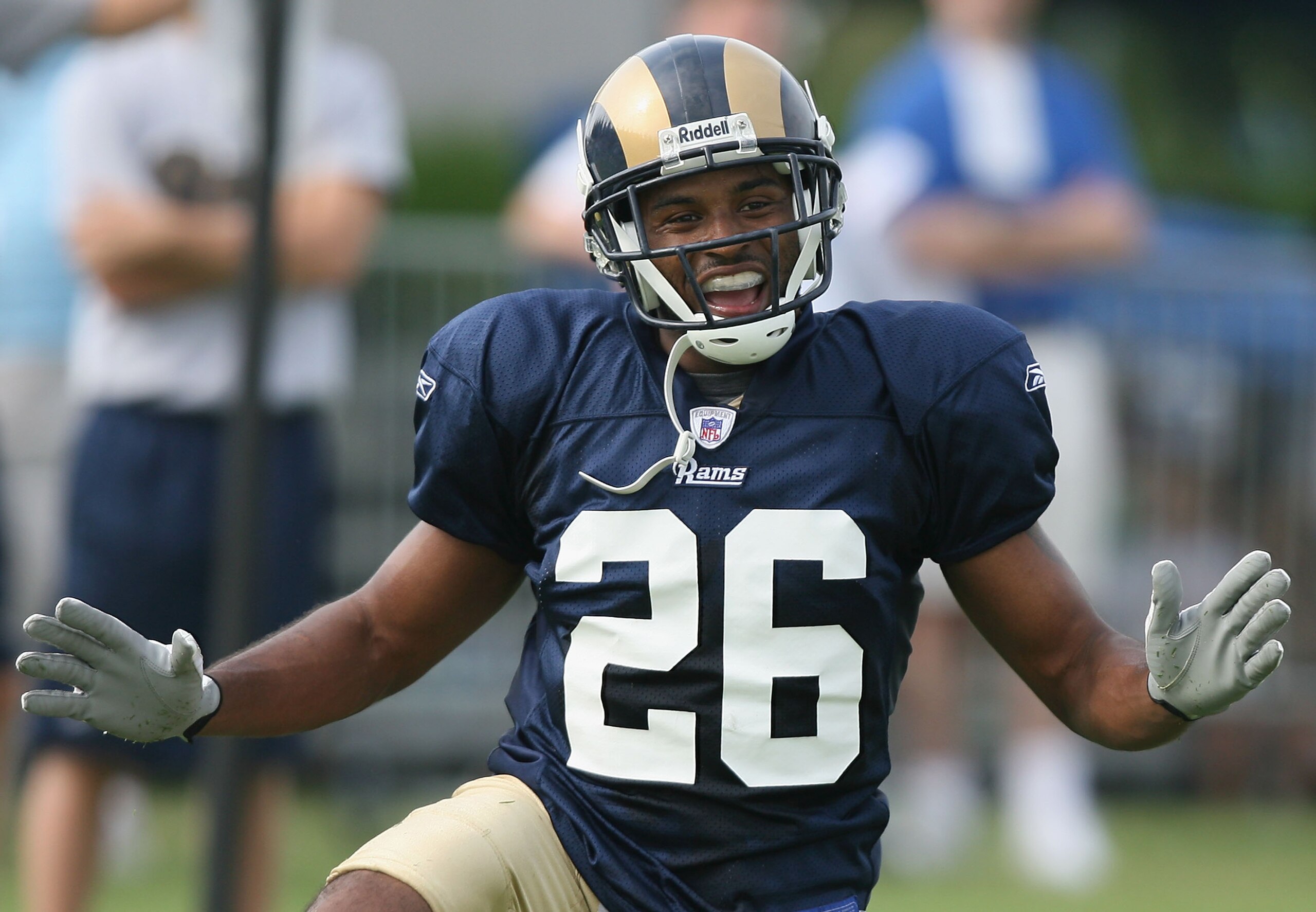 ST. LOUIS - JULY 30:  Tye Hill #26 of the St. Louis Rams reacts to breaking up a pass during training camp on July 30, 2007 at the Russell Training Center in St. Louis, Missouri.  (Photo by Dilip Vishwanat/Getty Images)