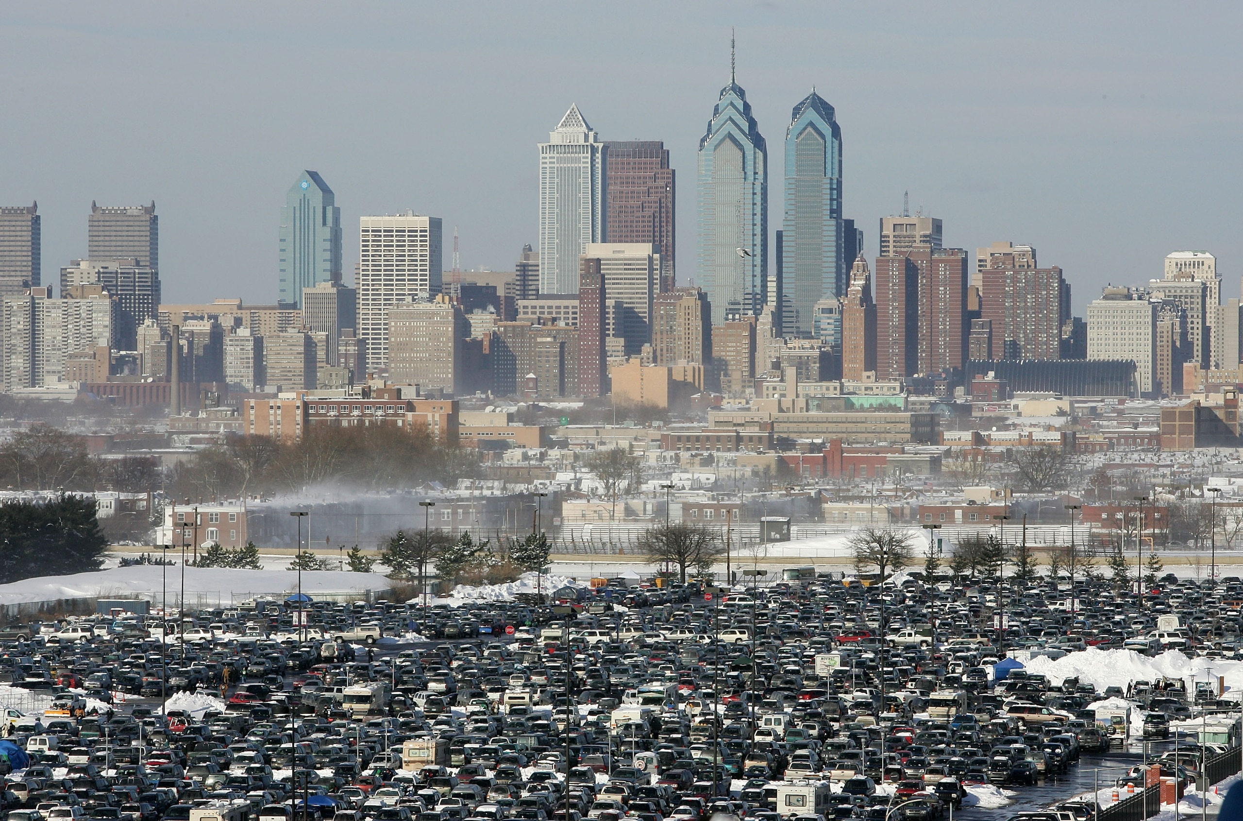 PHILADELPHIA - JANUARY 23:  Parked cars are shown outside of the stadium with the downtown Philadelphia skyline in the background before the start of the NFC Championship game between the Atlanta Falcons and the Philadelphia Eagles at Lincoln Financial Fi