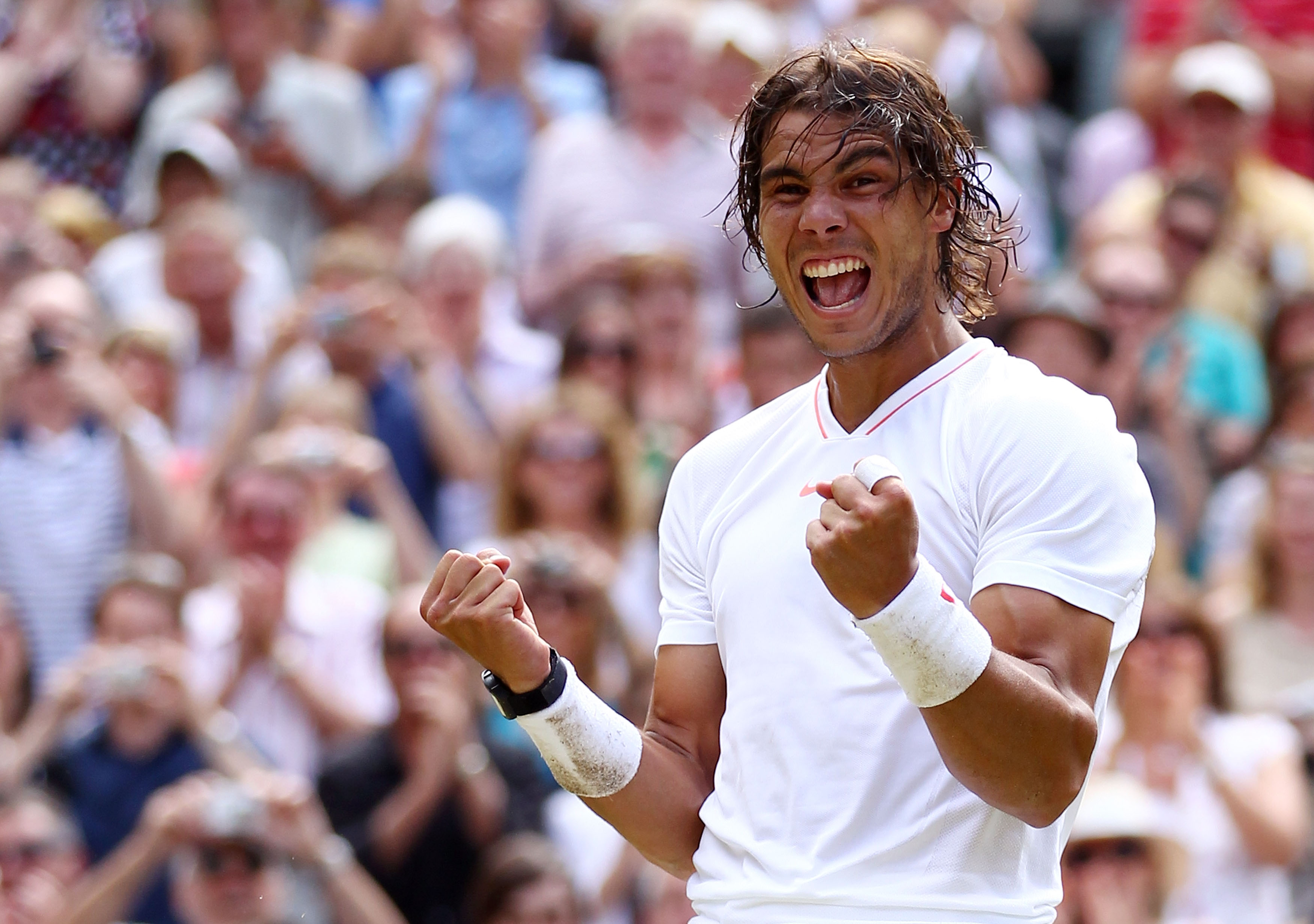LONDON, ENGLAND - JULY 04:  Rafael Nadal of Spain celebrates Championship Point during his Mens Singles Final match against Tomas Berdych of Czech Republic on Day Thirteen of the Wimbledon Lawn Tennis Championships at the All England Lawn Tennis and Croqu