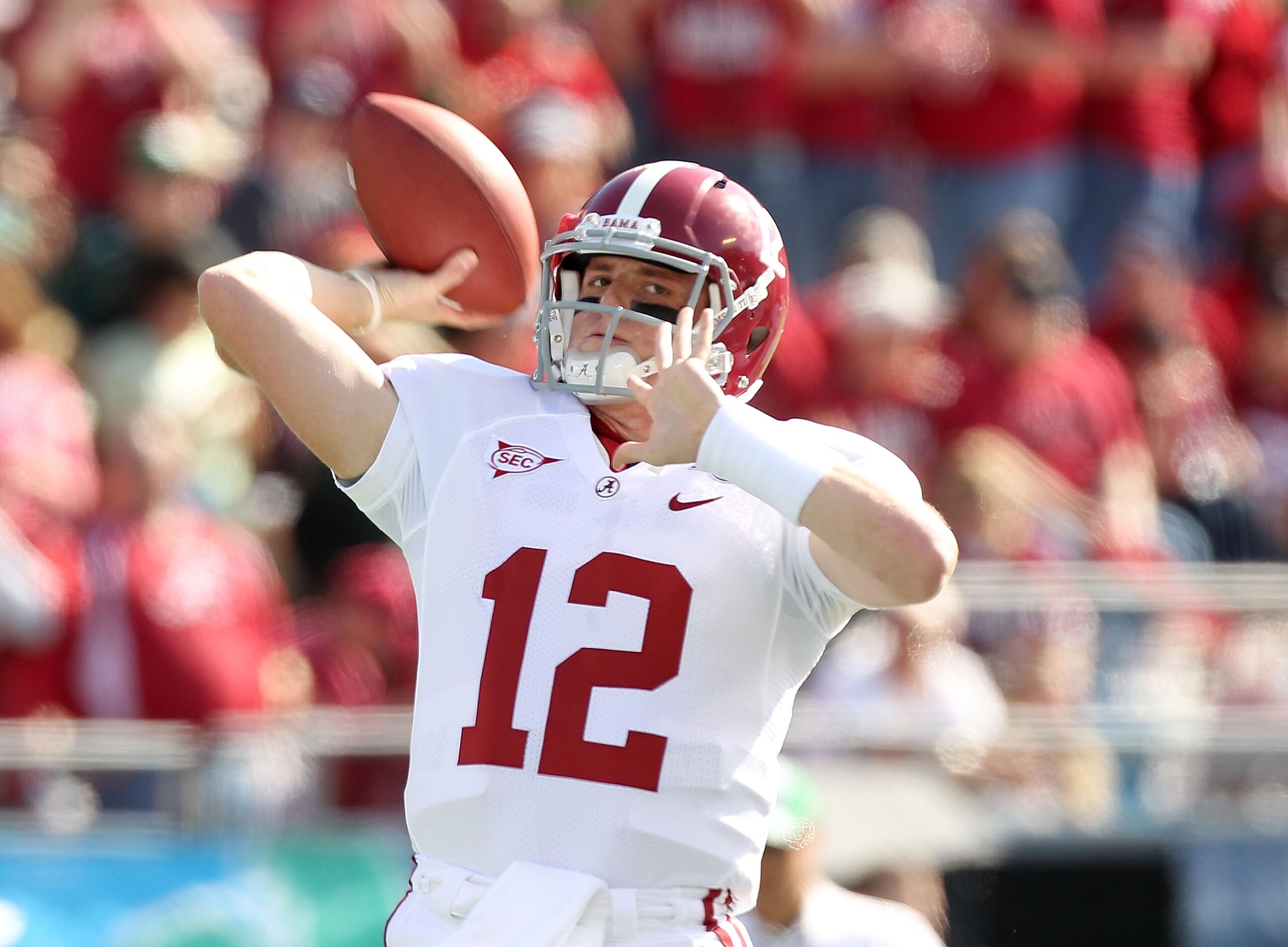 ORLANDO, FL - JANUARY 01: Greg McElroy #12 of the Alabama Crimson Tide warms up during the Capitol One Bowl against the Michigan State Spartans at the Florida Citrus Bowl on January 1, 2011 in Orlando, Florida. (Photo by Mike Ehrmann/Getty Images) ORLANDO, FL - JANUARY 01: Greg McElroy #12 of the Alabama Crimson Tide warms up during the Capitol One Bowl against the Michigan State Spartans at the Florida Citrus Bowl on January 1, 2011 in Orlando, Florida. (Photo by Mike Ehrmann/Getty Images)