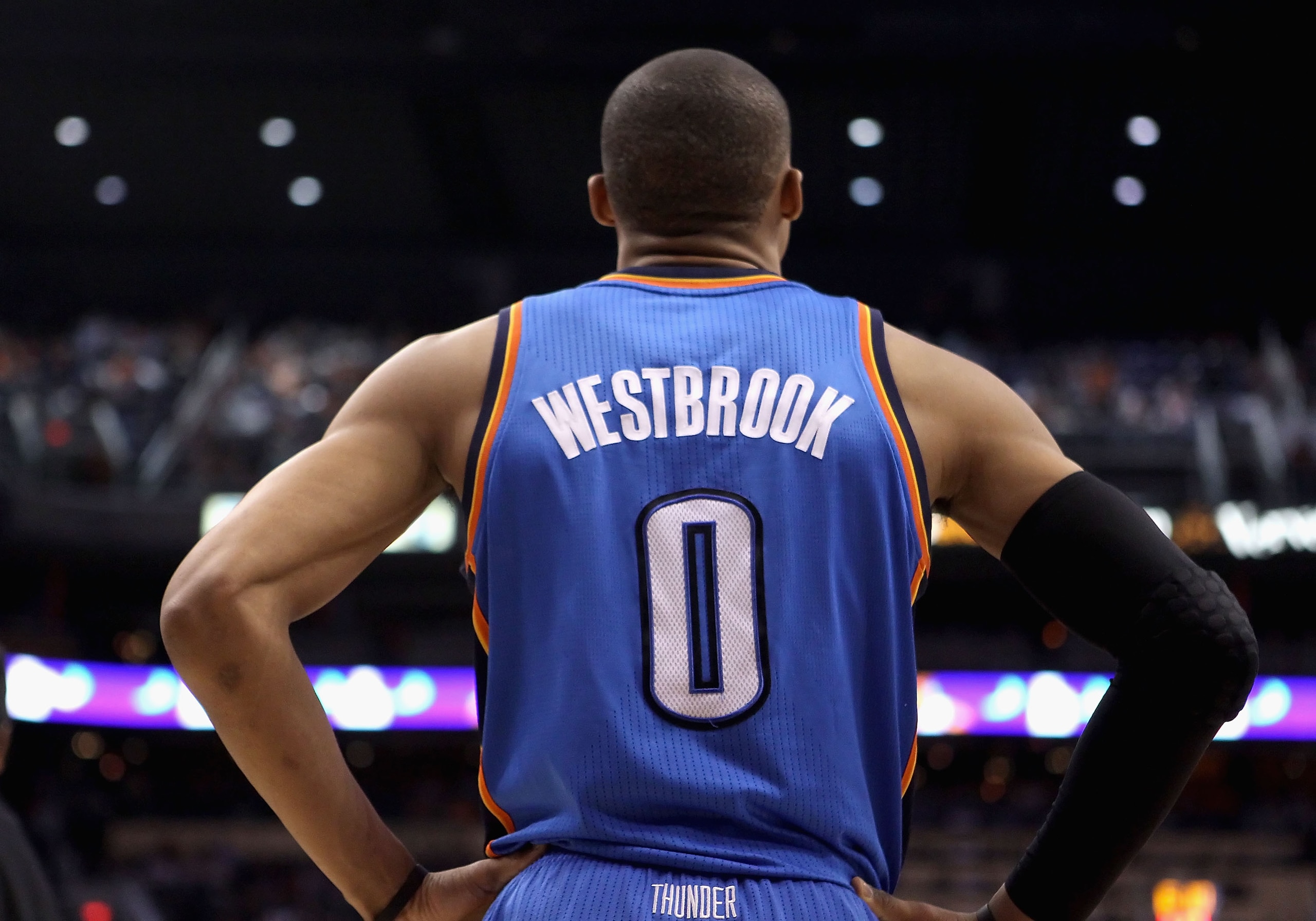 PHOENIX, AZ - MARCH 30: Russell Westbrook #0 of the Oklahoma City Thunder in action during the NBA game against the Phoenix Suns at US Airways Center on March 30, 2011 in Phoenix, Arizona. The Thunder defeated the Suns 116-98. NOTE TO USER: User expres PHOENIX, AZ - MARCH 30: Russell Westbrook #0 of the Oklahoma City Thunder in action during the NBA game against the Phoenix Suns at US Airways Center on March 30, 2011 in Phoenix, Arizona. The Thunder defeated the Suns 116-98. NOTE TO USER: User expres