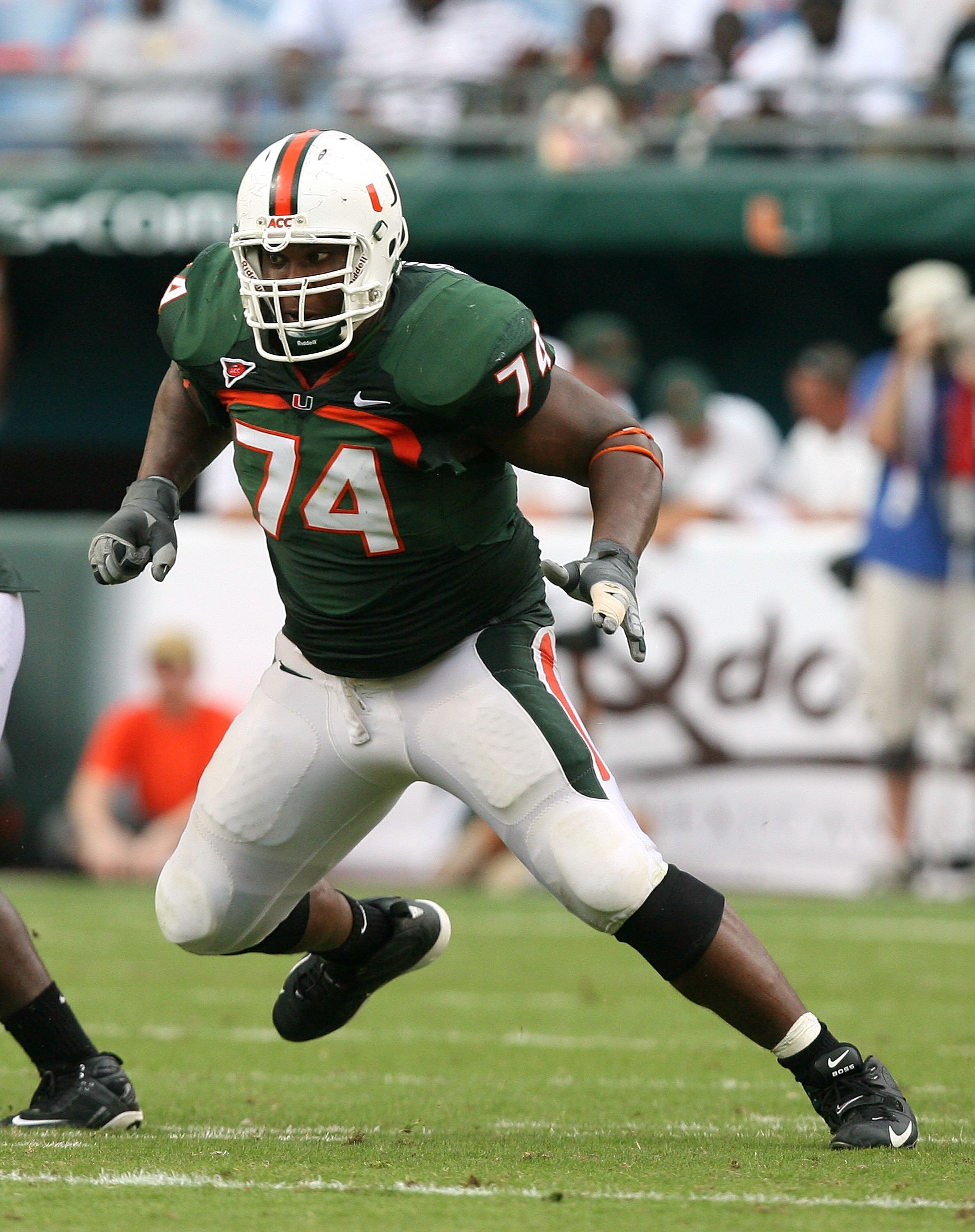 MIAMI - OCTOBER 25:  Offensive lineman Orlando Franklin #74 of the Miami Hurricanes drops back to block while taking on the Wake Forest Demon Decons at Dolphin Stadium on October 25, 2008 in Miami, Florida. Miami defeated Wake Forest 16-10.  (Photo by Dou