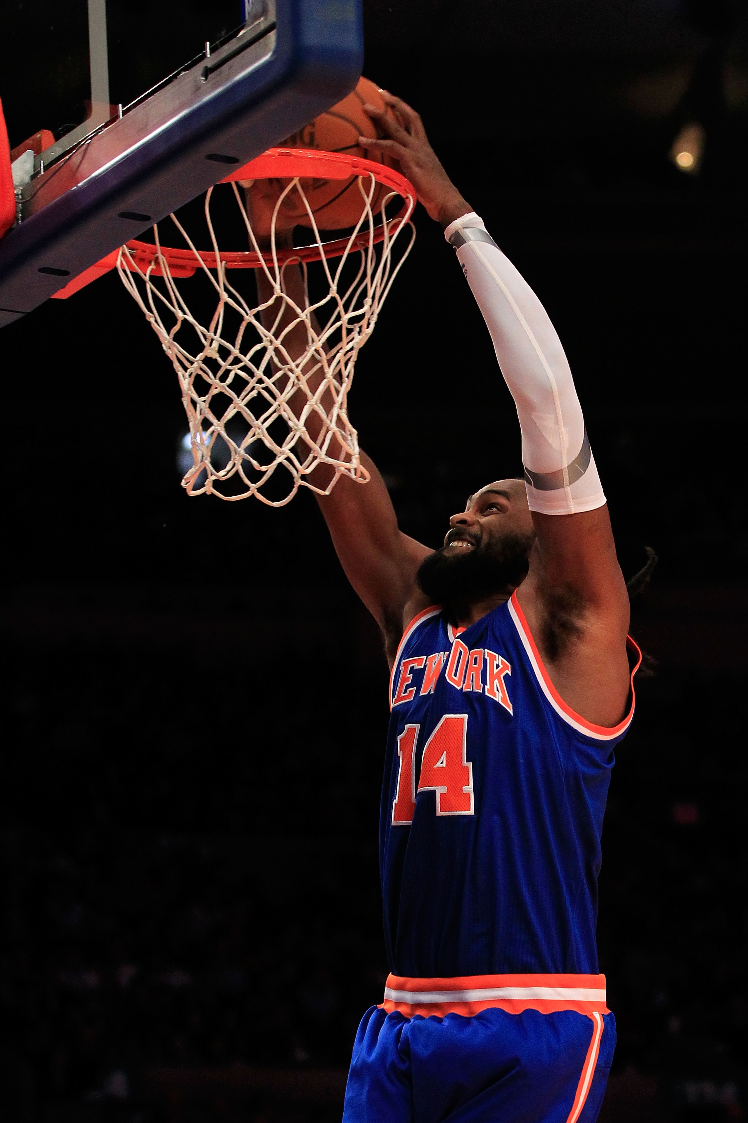 NEW YORK, NY - FEBRUARY 23: Ronny Turiaf #14 of the New York Knicks dunks the ball against the Milwaukee Bucks at Madison Square Garden on February 23, 2011 in New York City. NOTE TO USER: User expressly acknowledges and agrees that, by downloading and/or