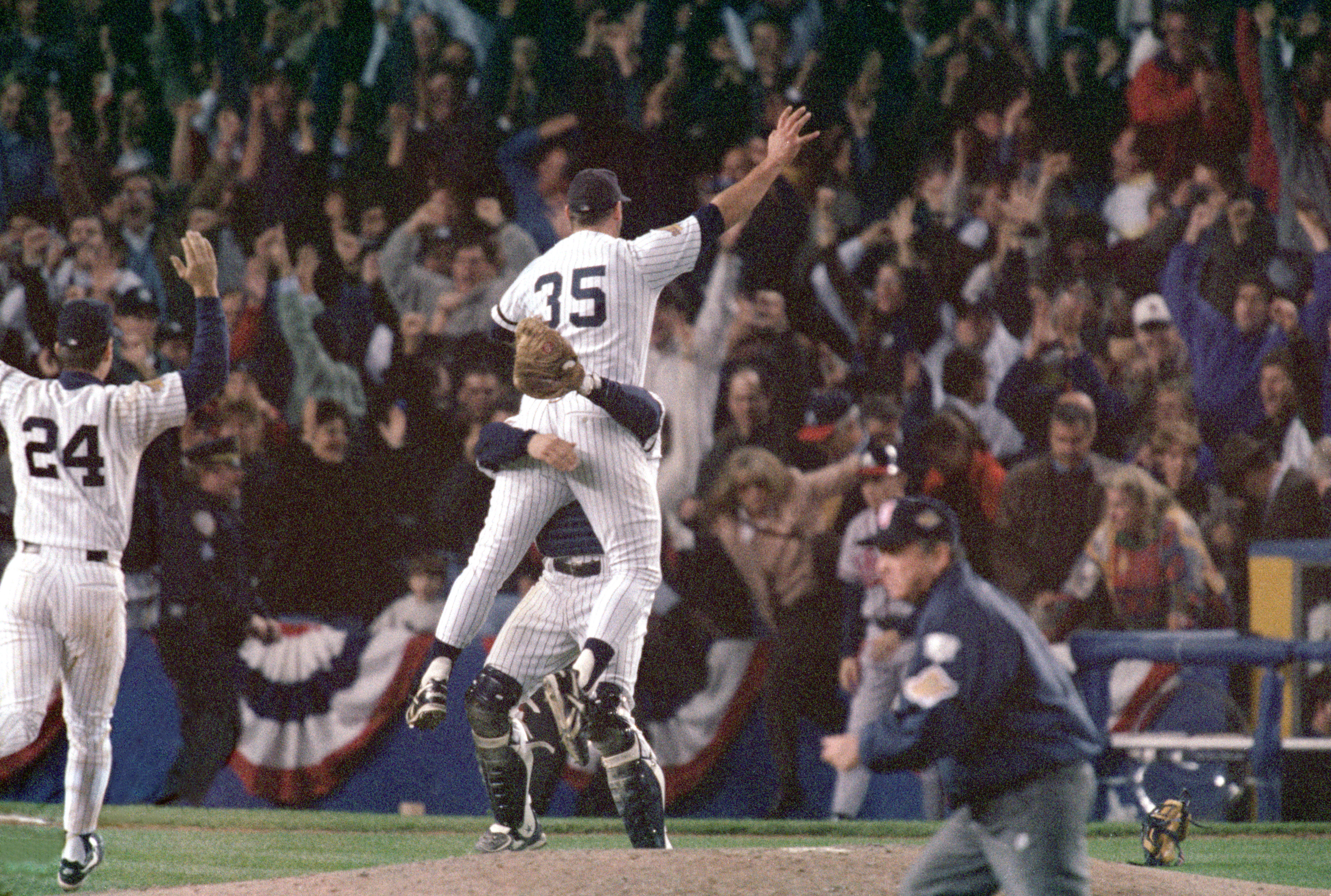 BRONX, NY - OCTOBER 26:  John Wetteland #35 of the New York Yankees celebrates the final out of Game six of the 1996 World Series against the Atlanta Braves at Yankee Stadium on October 26, 1996 in Bronx, New York. The Yankees defeated the Braves 3-2 to w