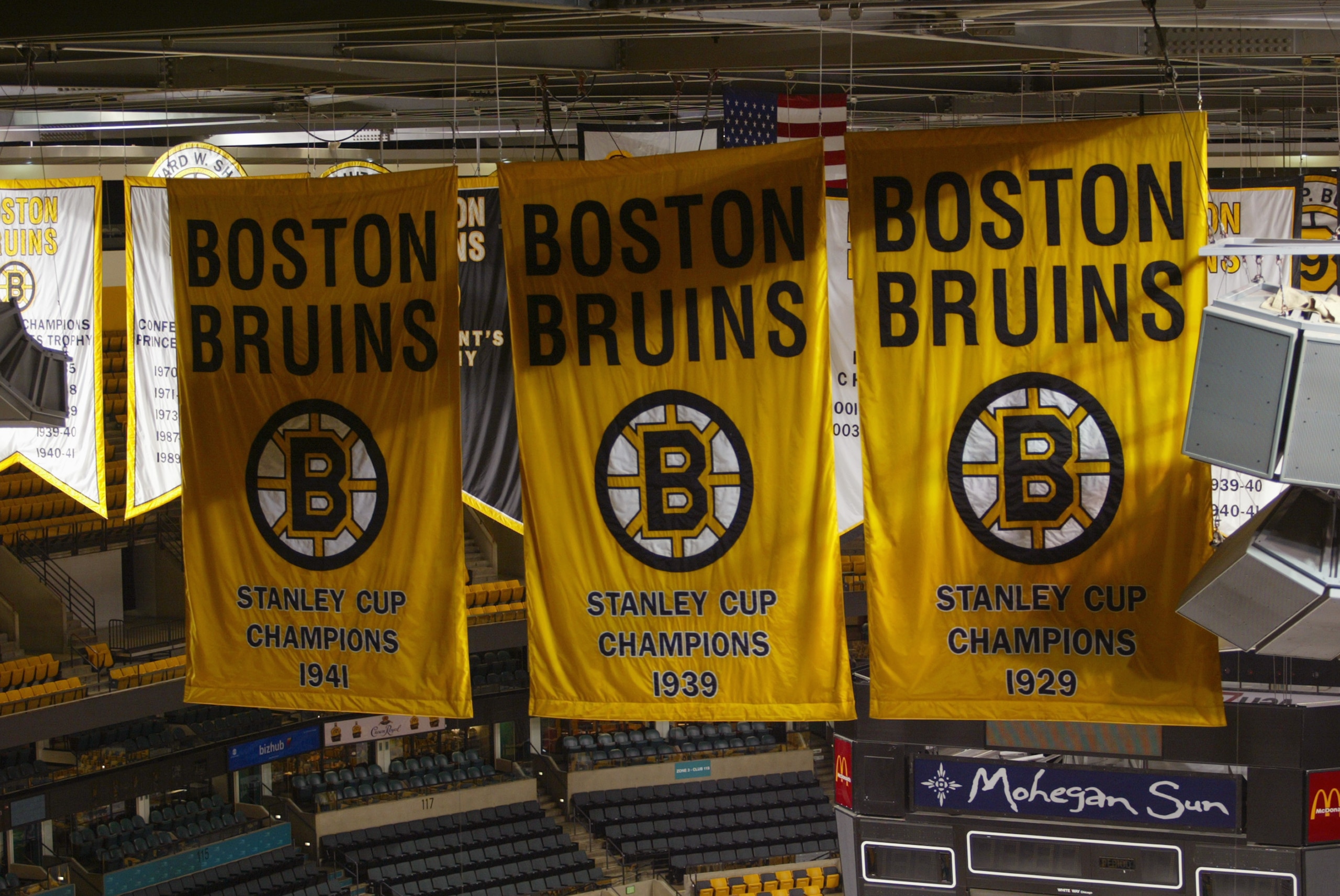 BOSTON - FEBRUARY 5:  Boston Bruins Stanley Cup Champioinship banners hang in the rafters during the game against the Carolina Panthers on February 5, 2006 at TD Banknorth Garden in Boston, Massachusetts. The Hurricanes won 4-3 in a shootout. (Photo by Br