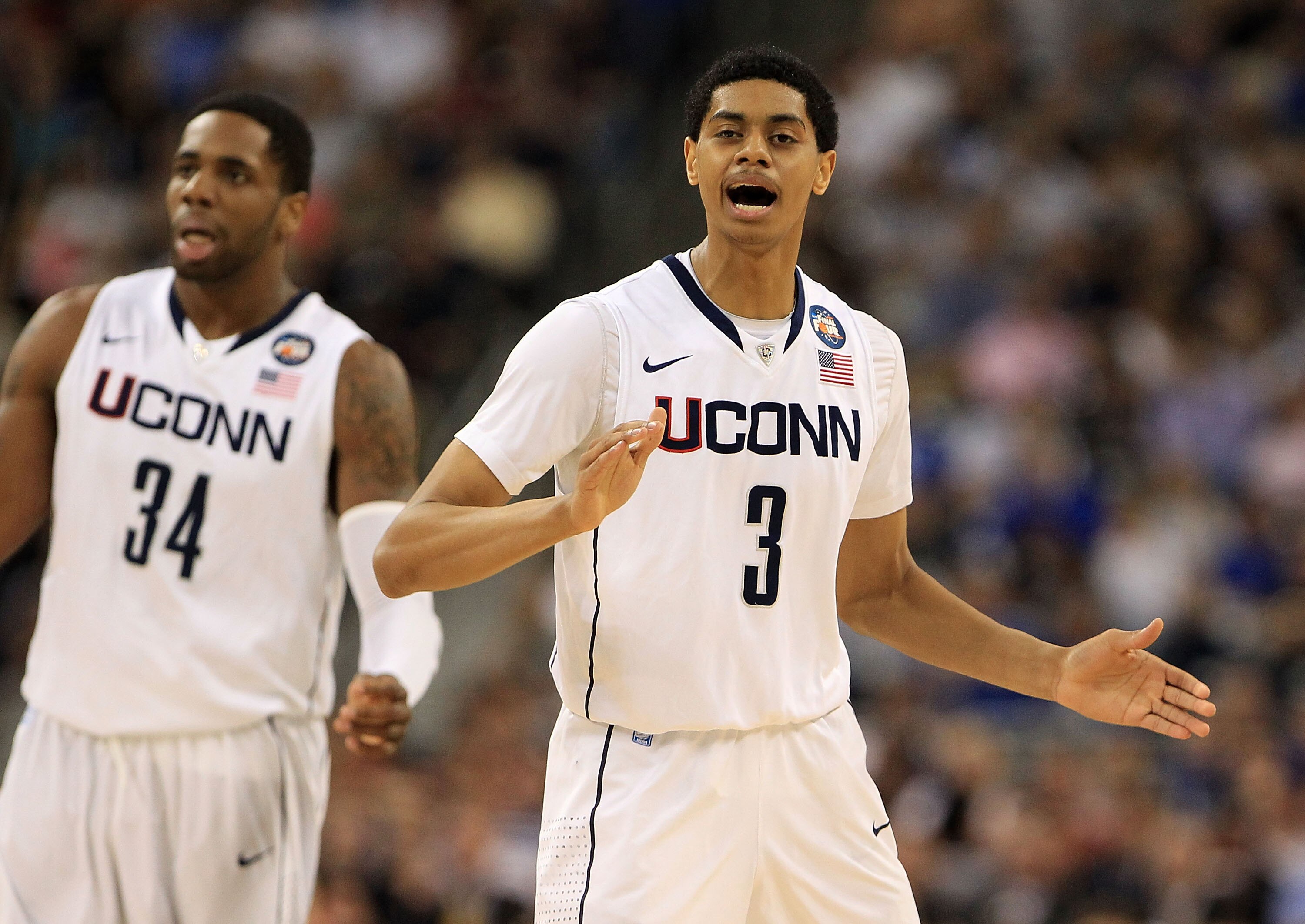 HOUSTON, TX - APRIL 04:  Jeremy Lamb #3 of the Connecticut Huskies reacts after a play against the Butler Bulldogs during the National Championship Game of the 2011 NCAA Division I Men's Basketball Tournament at Reliant Stadium on April 4, 2011 in Houston