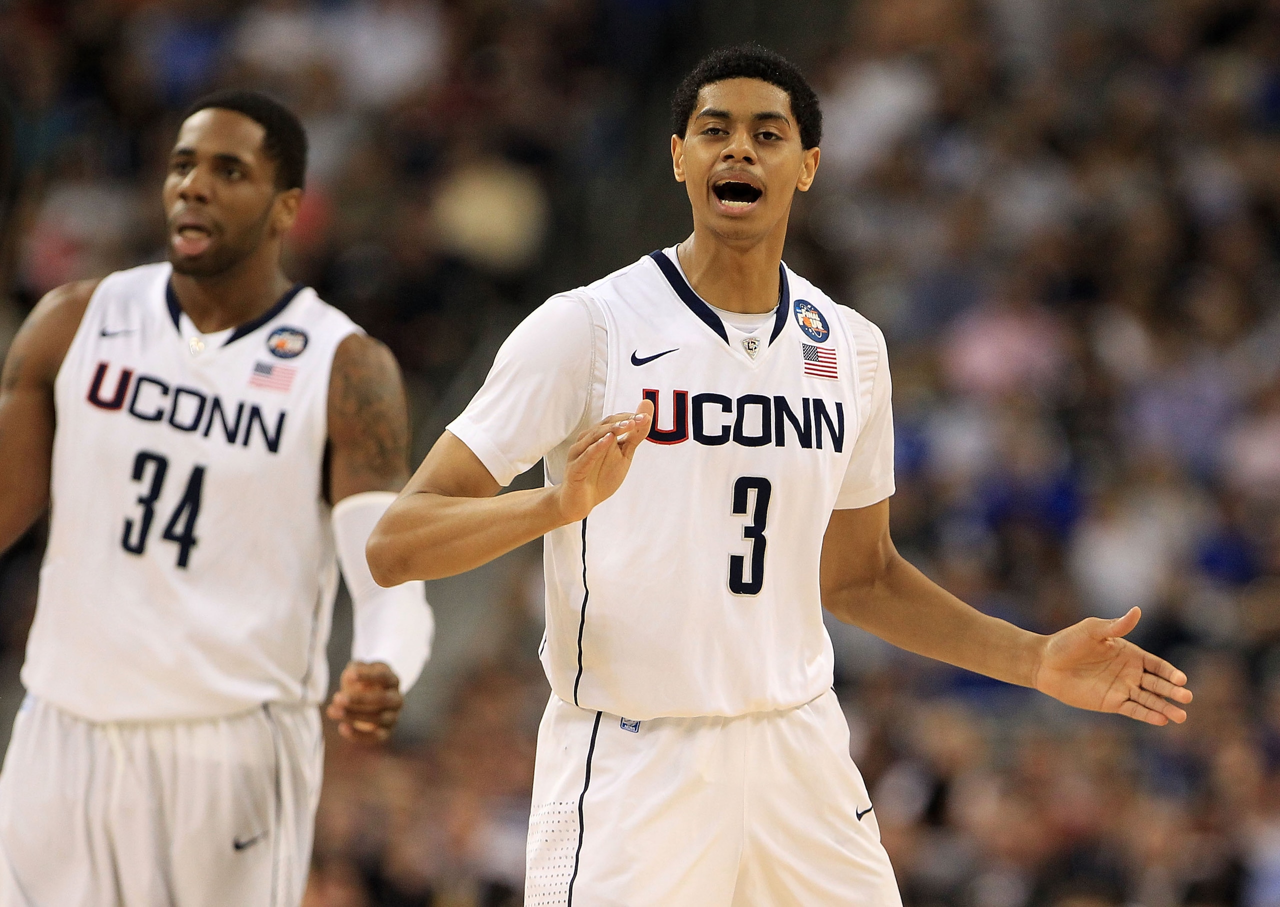 HOUSTON, TX - APRIL 04:  Jeremy Lamb #3 of the Connecticut Huskies reacts after a play against the Butler Bulldogs during the National Championship Game of the 2011 NCAA Division I Men's Basketball Tournament at Reliant Stadium on April 4, 2011 in Houston