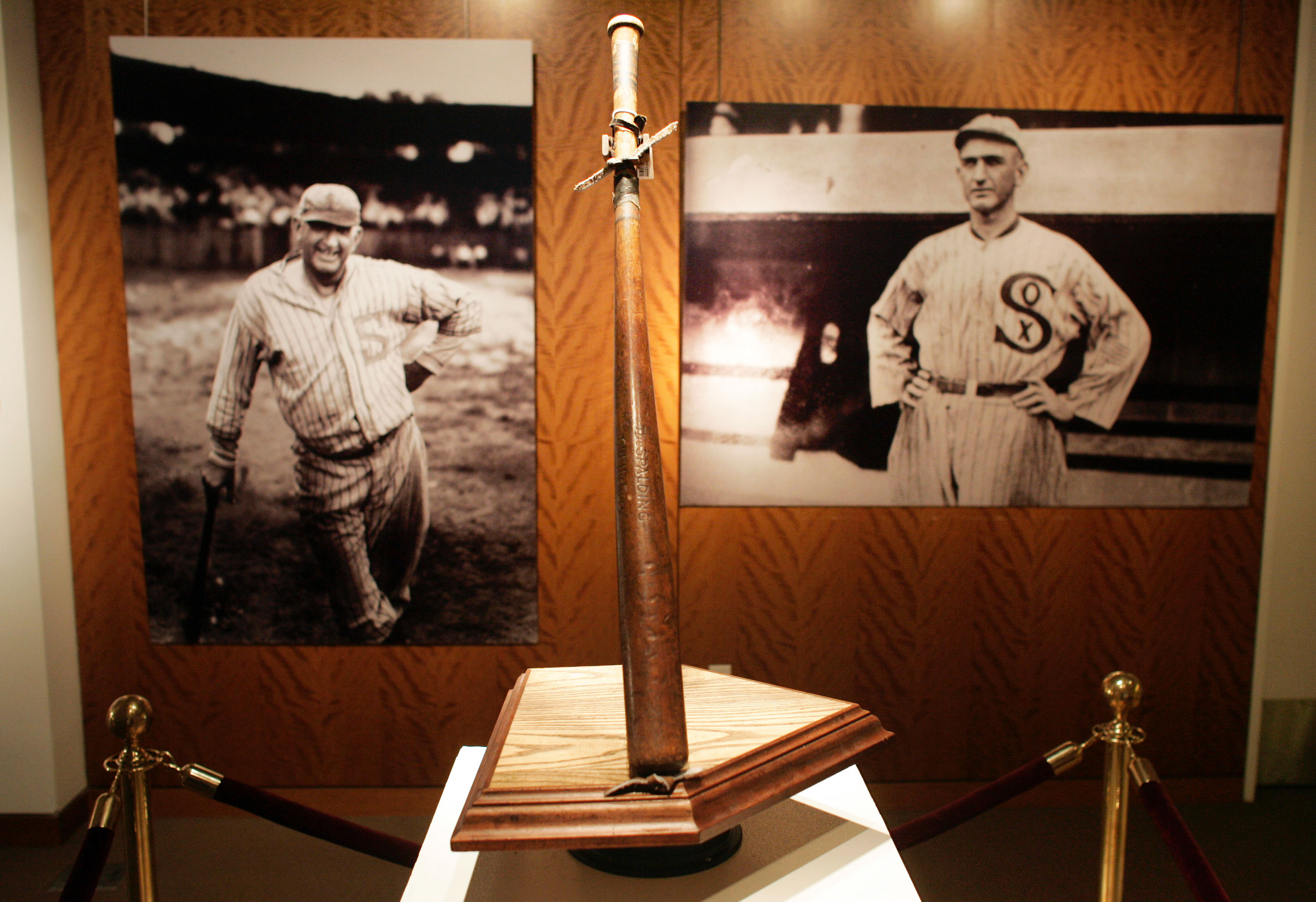 NEW YORK - DECEMBER 5:  'Shoeless' Joe Jackson's bat stands on display during an auction preview at Sotheby's December 5, 2005 in New York City. The bat, called 'Black Betsy,' will be auctioned December 10 and was last purchased at a 2001 auction for $577