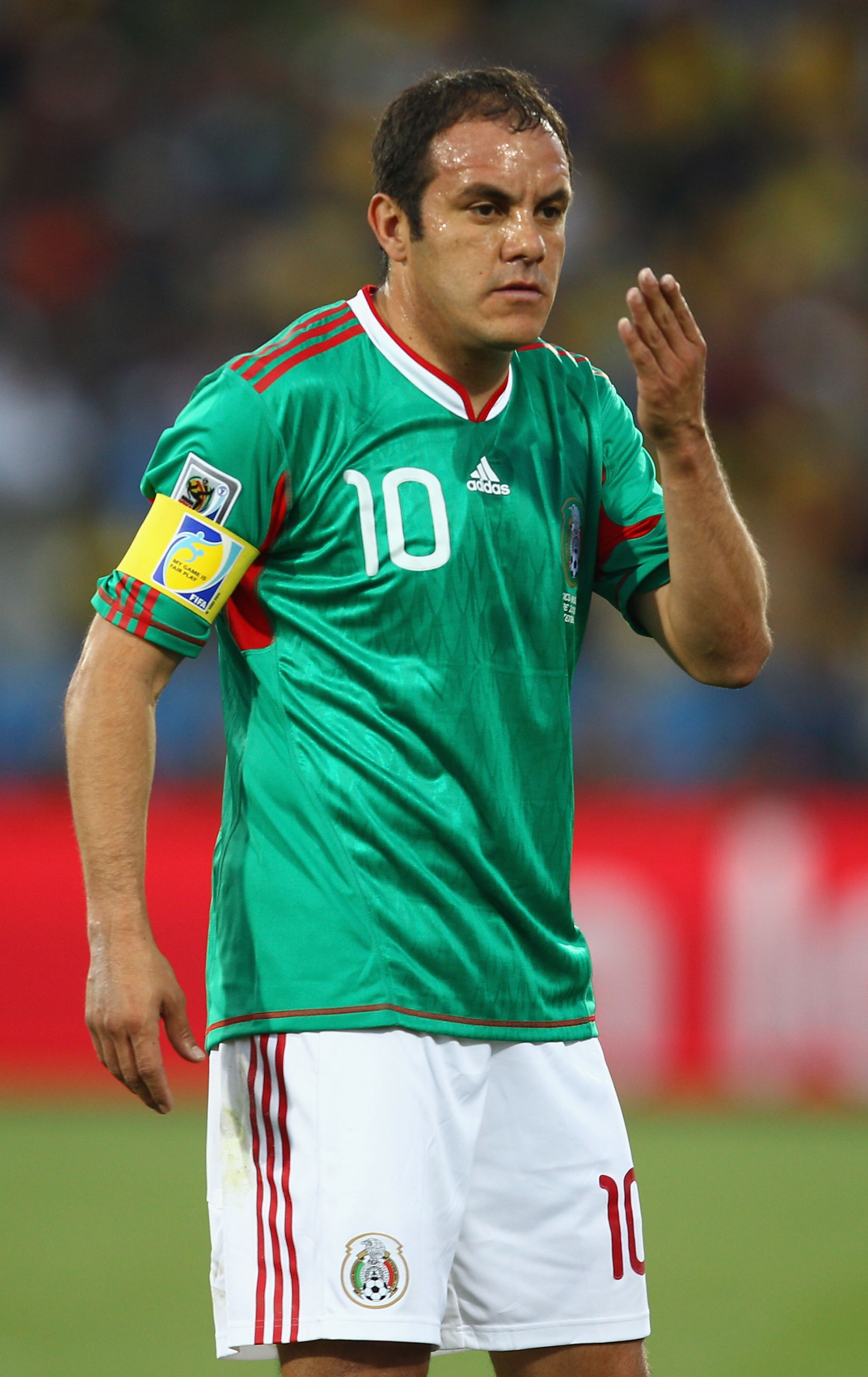 RUSTENBURG, SOUTH AFRICA - JUNE 22:  Cuauhtemoc Blanco of Mexico reacts during the 2010 FIFA World Cup South Africa Group A match between Mexico and Uruguay at the Royal Bafokeng Stadium on June 22, 2010 in Rustenburg, South Africa.  (Photo by Richard Hea