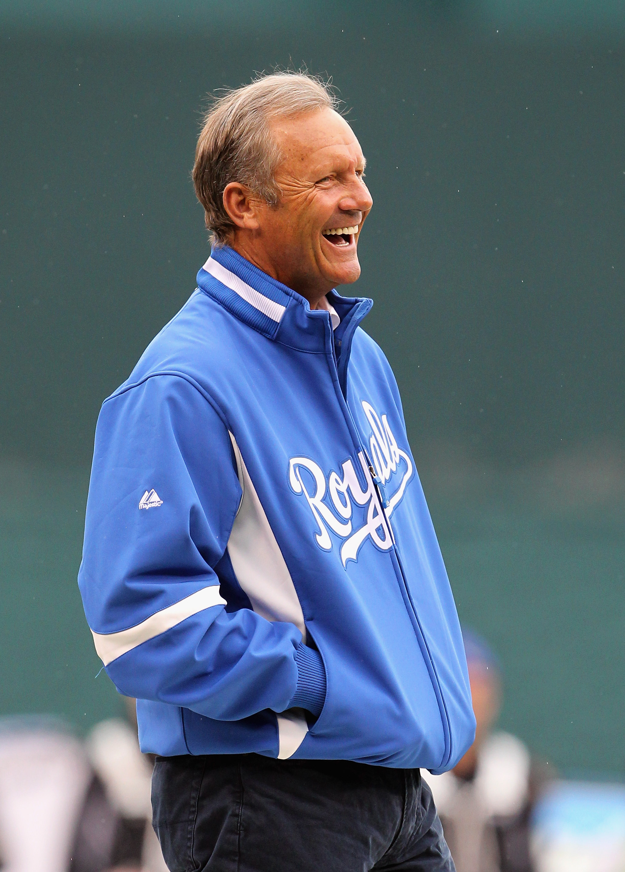 KANSAS CITY, MO - MARCH 31:  Former player George Brett of the Kansas City Royals smiles as he is honored prior to the start of the opening day game against the Los Angeles Angels of Anaheim at Kauffman Stadium on March 31, 2011 in Kansas City, Missouri.