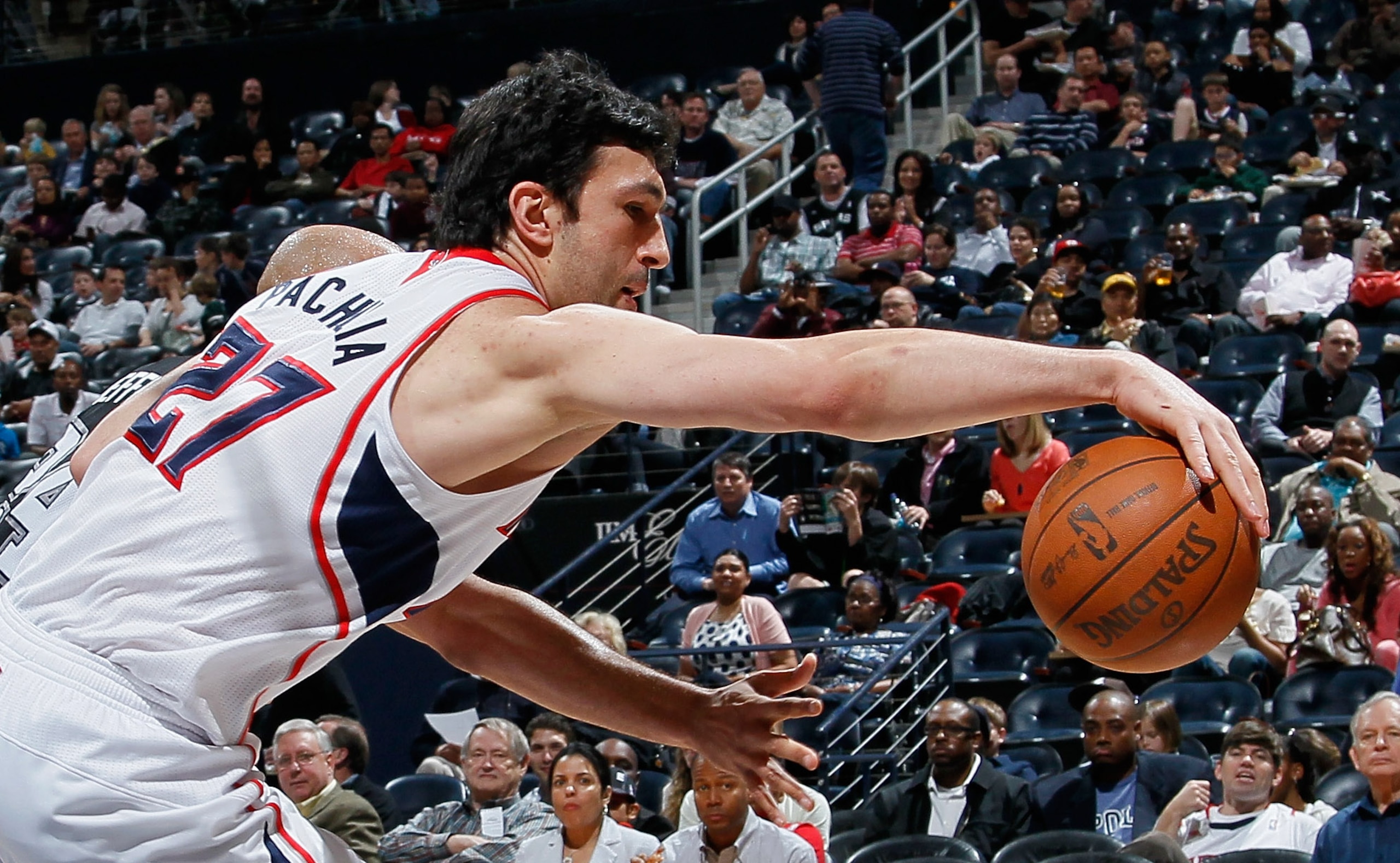 ATLANTA, GA - APRIL 05:  Zaza Pachulia #27 of the Atlanta Hawks against the San Antonio Spurs at Philips Arena on April 5, 2011 in Atlanta, Georgia.  NOTE TO USER: User expressly acknowledges and agrees that, by downloading and/or using this Photograph, u