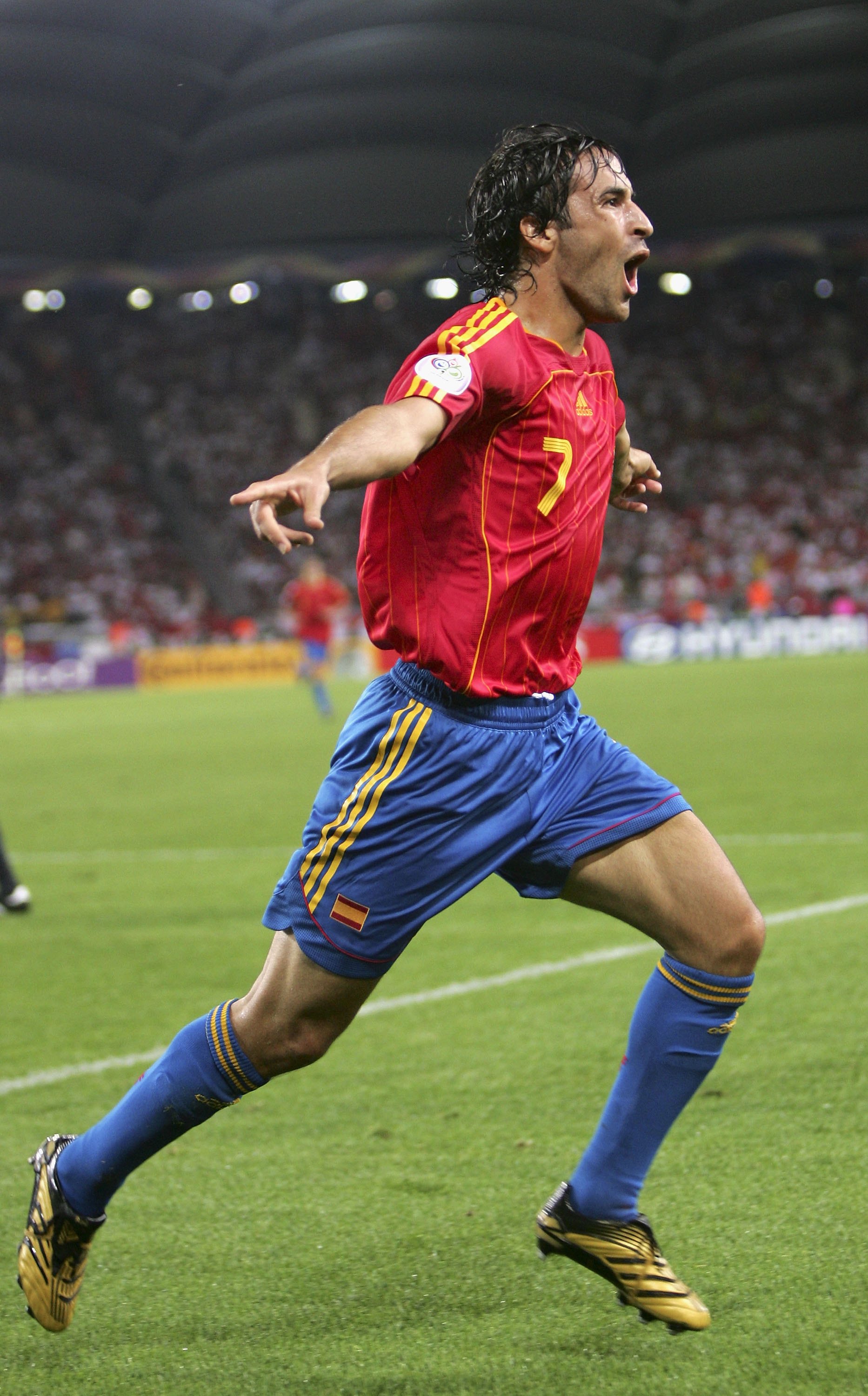 STUTTGART, GERMANY - JUNE 19:  Raul #7 of Spain celebrates, after scoring his team's equaliser during the FIFA World Cup Germany 2006 Group H match between Spain and Tunisia at the Gottlieb-Daimler Stadium on June 19, 2006 in Stuttgart, Germany.  (Photo b