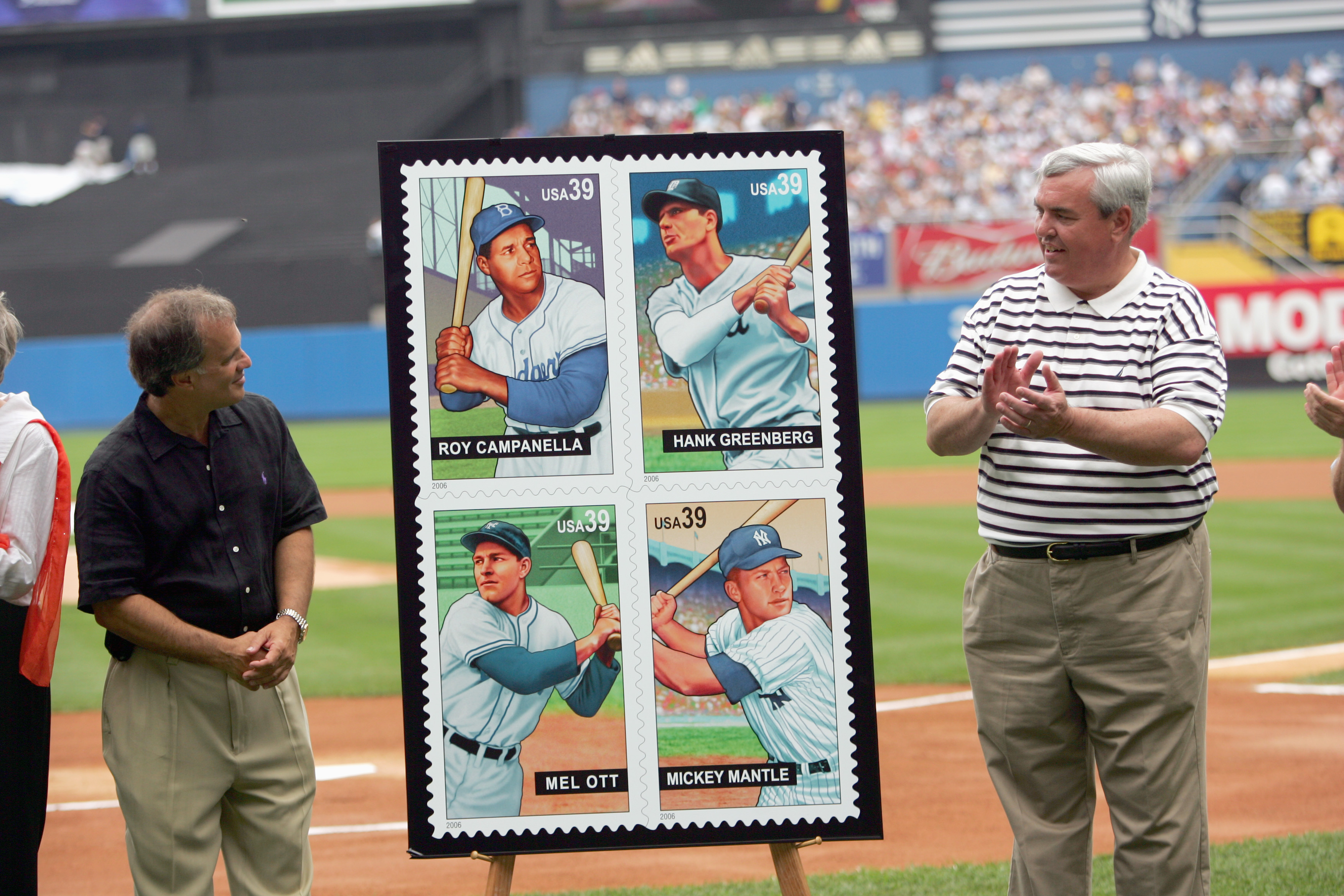 NEW YORK - JULY 15:  The Postmaster General unveils the new commemorative stamps with Roy Campanella, Hank Greenberg, Mel Ott and Mickey Mantle before the game between the New York Yankees and the Chicago White Sox at Yankee Stadium on July 15, 2006 in th