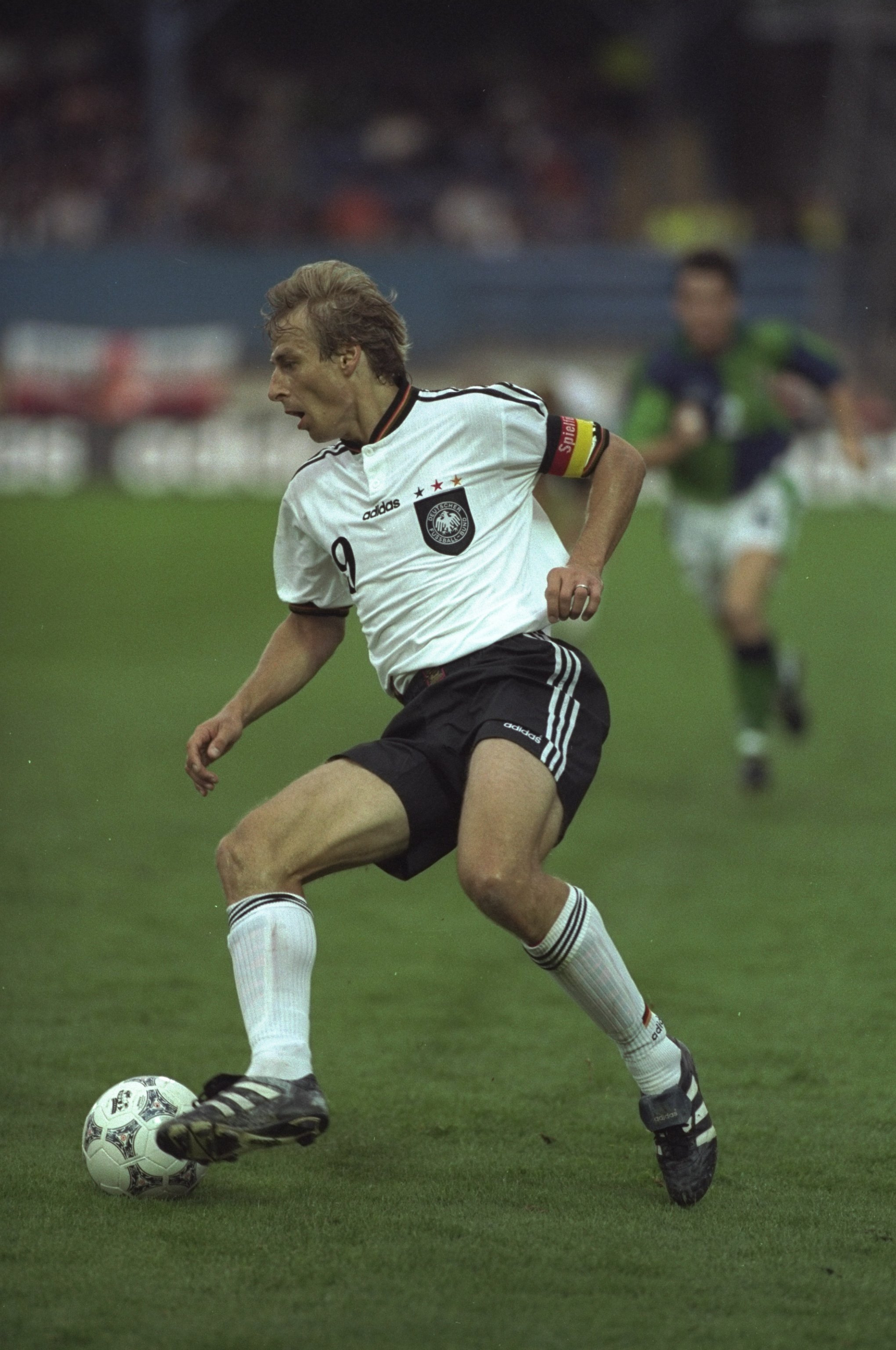 20 Aug 1997:  Jurgen Klinsmann of Germany in action during the World Cup Qualifier against Northern Ireland at Windsor Park in Belfast, Northern Ireland. Germany won the match 1-3. \ Mandatory Credit: Gary M Prior/Allsport