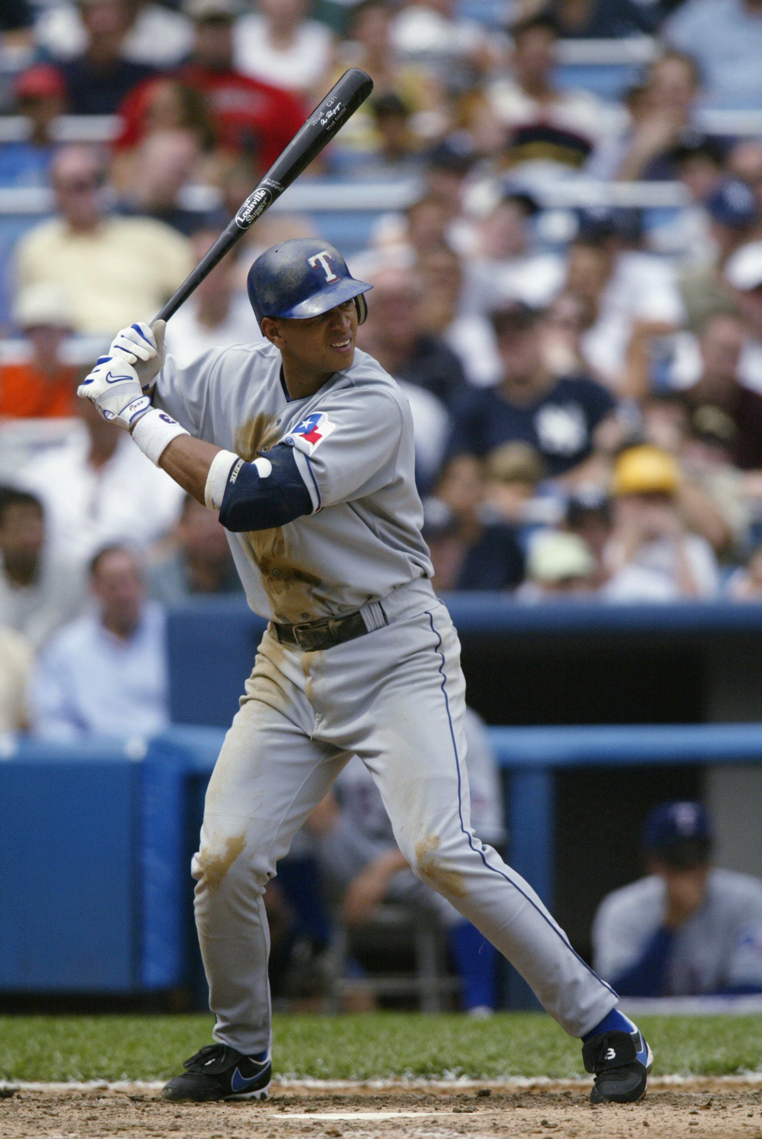 BRONX, NY - AUGUST 26:  Alex Rodriguez #3 of the Texas Rangers swings at the pitch during the game against the New York Yankees at Yankee Stadium in the Bronx, New York, on August 26, 2002. The Yankees defeated the Rangers 10-3. (Photo by Ronald Martinez/