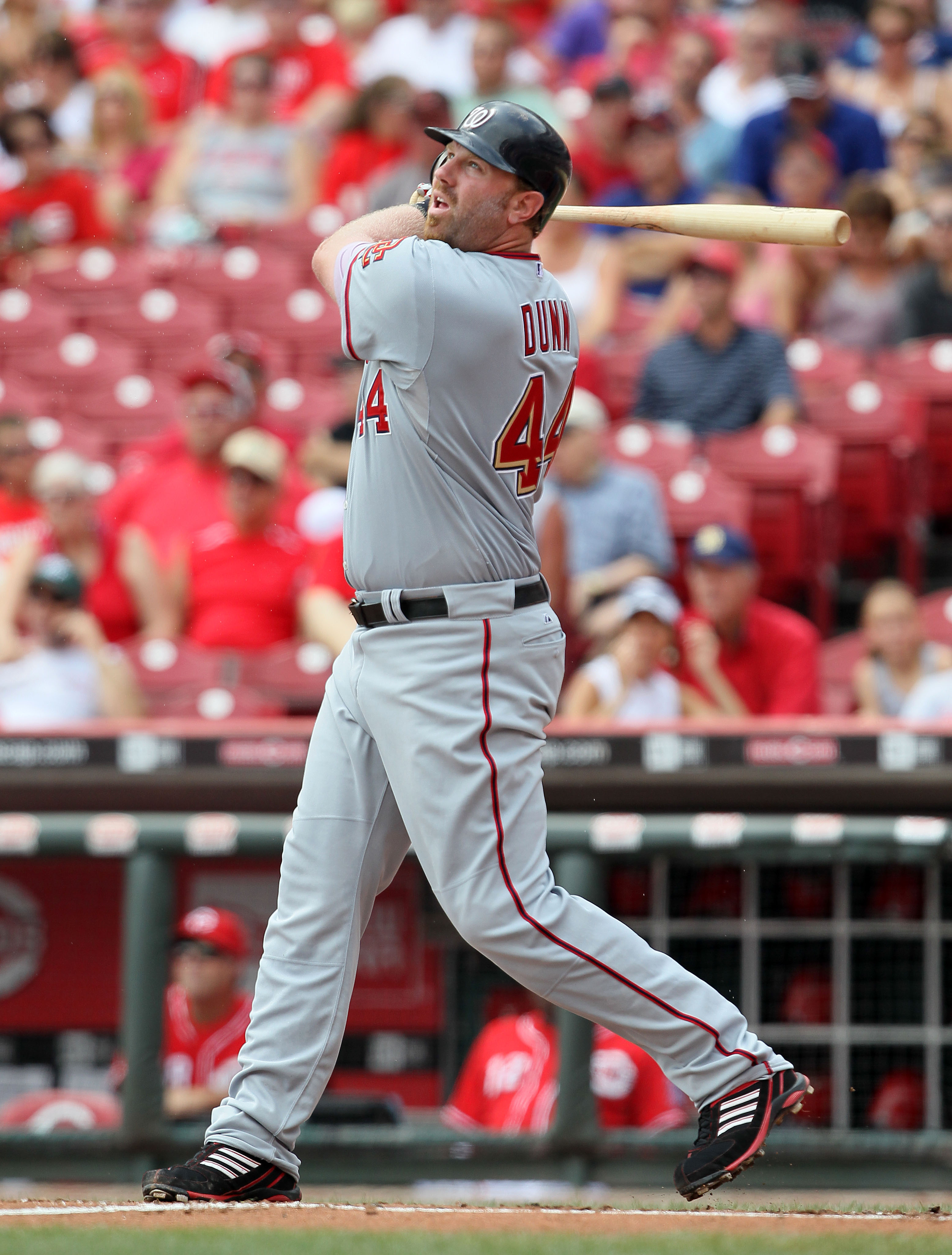CINCINNATI - JULY 22:  Adam Dunn #44 of the Washington Nationals hits a home run during the game against the Cincinnati Reds at Great American Ball Park on July 22, 2010 in Cincinnati, Ohio.  (Photo by Andy Lyons/Getty Images)