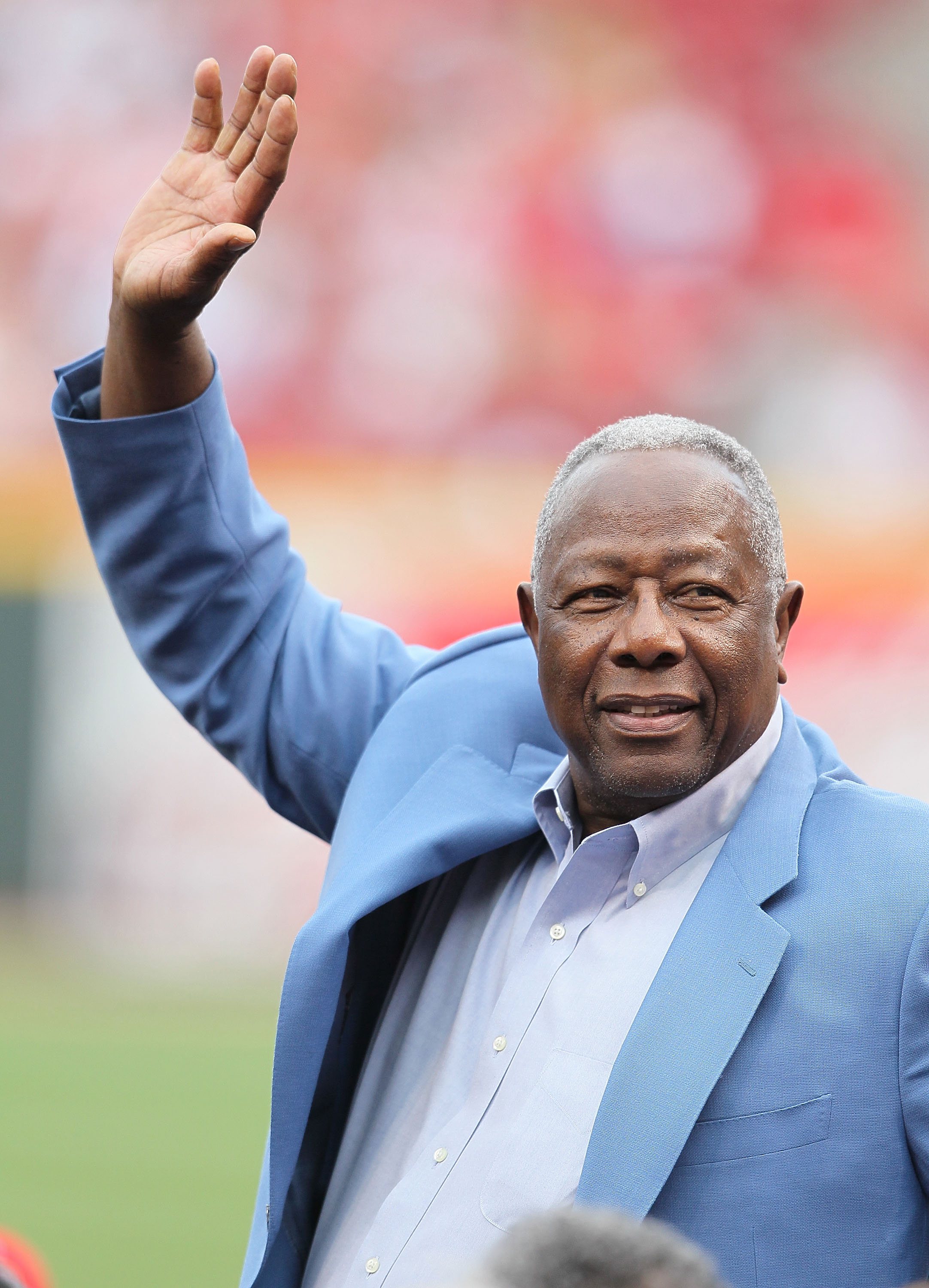 CINCINNATI - MAY 15: Hank Aaron waves to the crowd before the Gillette Civil Rights Game between the Cincinnati Reds and the St. Louis Cardinals at Great American Ball Park on May 15, 2010 in Cincinnati, Ohio.  (Photo by Andy Lyons/Getty Images)