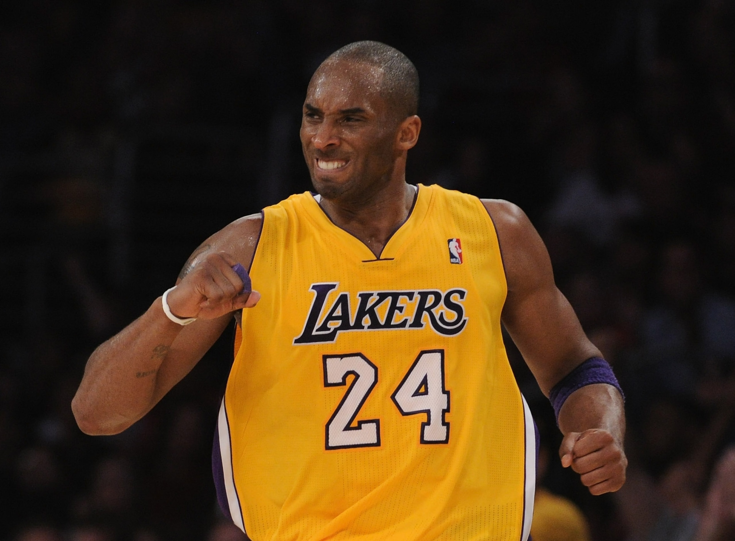 LOS ANGELES, CA - APRIL 12:  Kobe Bryant #24 of the Los Angeles Lakers celebrates his basket during a 102-93 win over the San Antonio Spurs at the Staples Center on April 12, 2011 in Los Angeles, California.  NOTE TO USER: User expressly acknowledges and