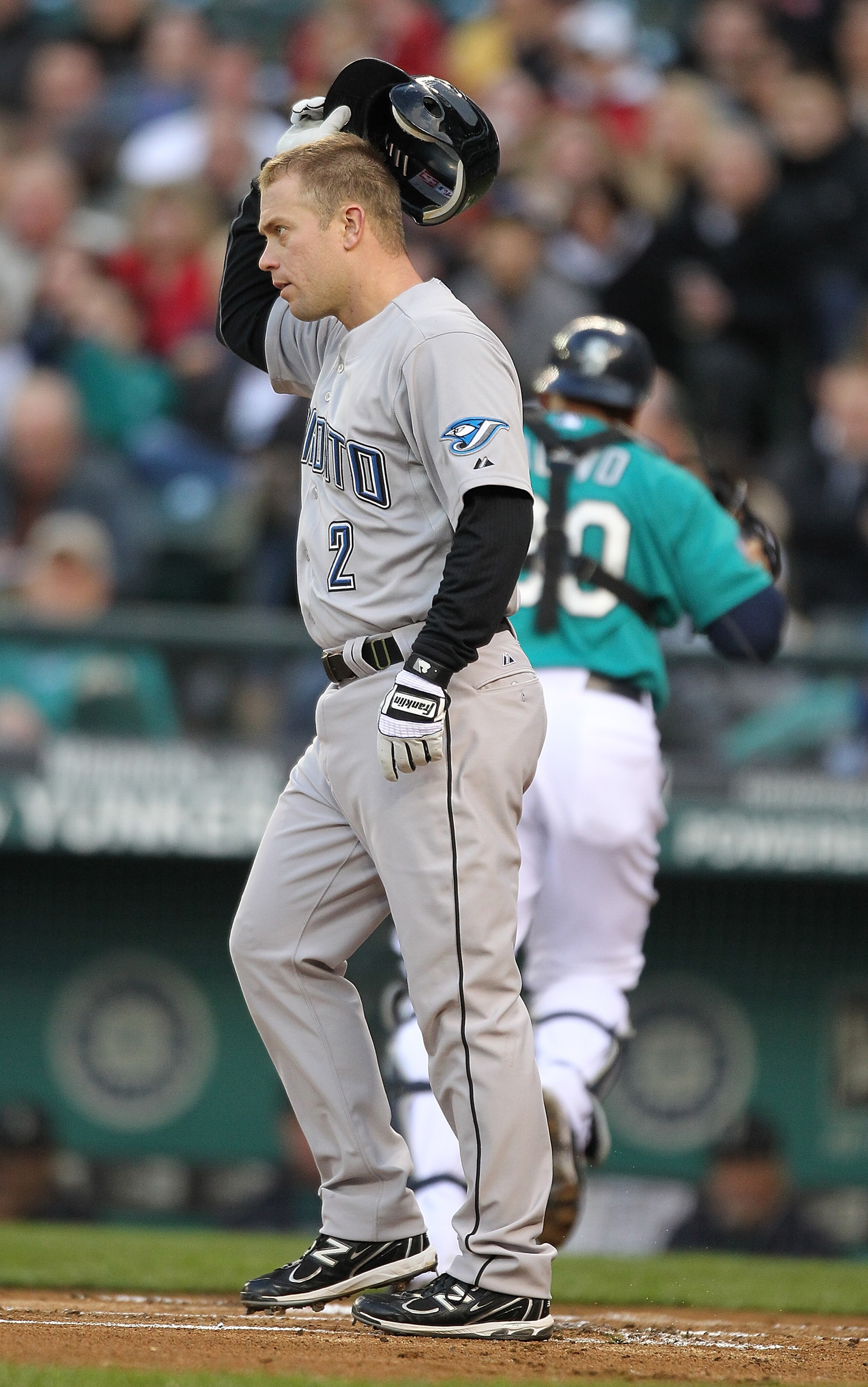 SEATTLE - APRIL 11: Aaron Hill #2 of the Toronto Blue Jays is called out on strikes in the first inning against the Seattle Mariners at Safeco Field on April 11, 2011 in Seattle, Washington. (Photo by Otto Greule Jr/Getty Images) SEATTLE - APRIL 11: Aaron Hill #2 of the Toronto Blue Jays is called out on strikes in the first inning against the Seattle Mariners at Safeco Field on April 11, 2011 in Seattle, Washington. (Photo by Otto Greule Jr/Getty Images)