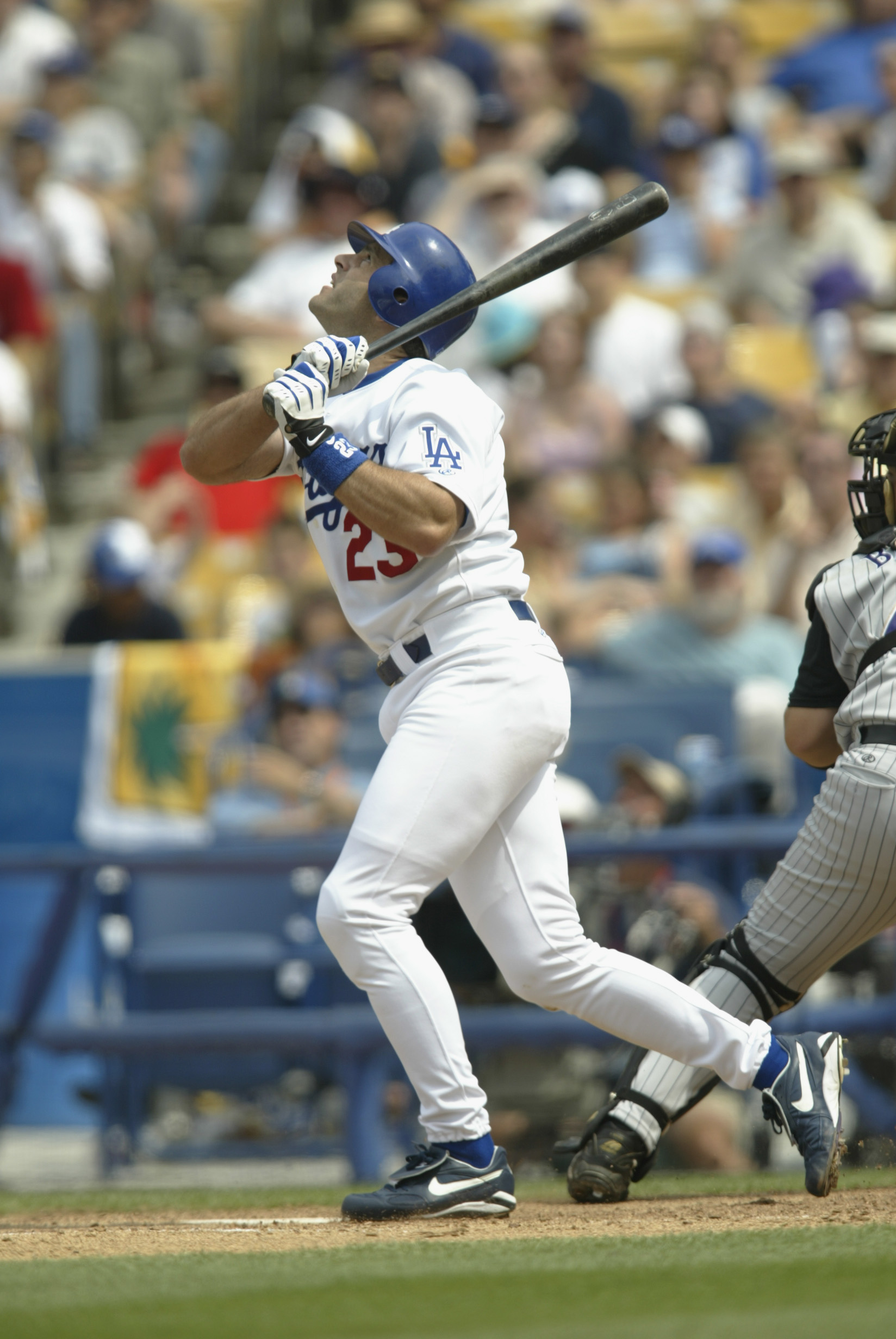 LOS ANGELES - JUNE 2:  Eric Karros #23 of the Los Angeles Dodgers bats during their game versus the Arizona Diamondbacks at Dodger Stadium in Los Angeles, California on June 2, 2002.  The Dodgers won 6-3. (Photo by Stephen Dunn/Getty Images)