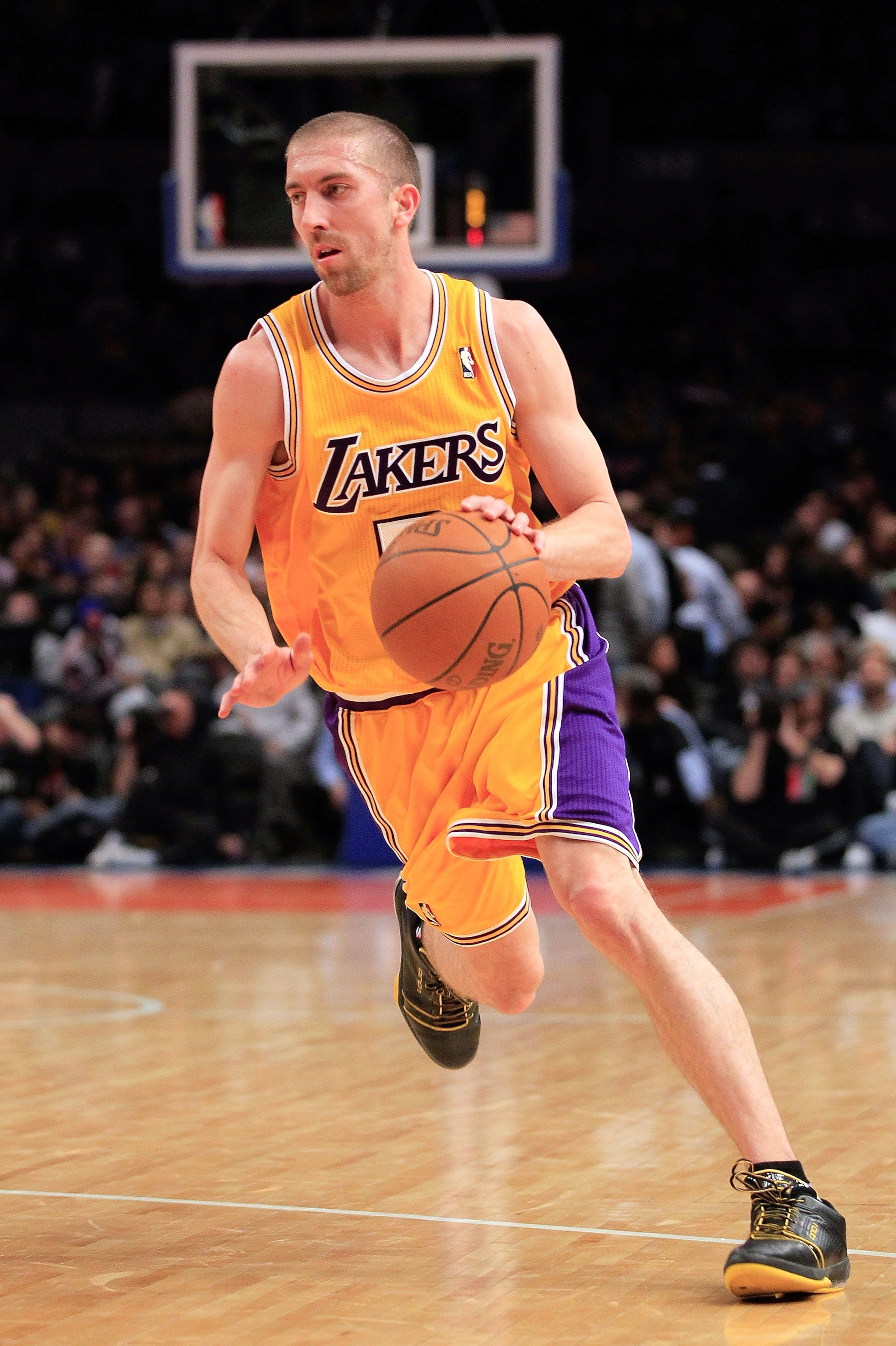 NEW YORK, NY - FEBRUARY 11: Steve Blake #5 of the Los Angeles Lakers dribbles the ball against the New York Knicks at Madison Square Garden on February 11, 2011 in New York City. NOTE TO USER: User expressly acknowledges and agrees that, by downloading an