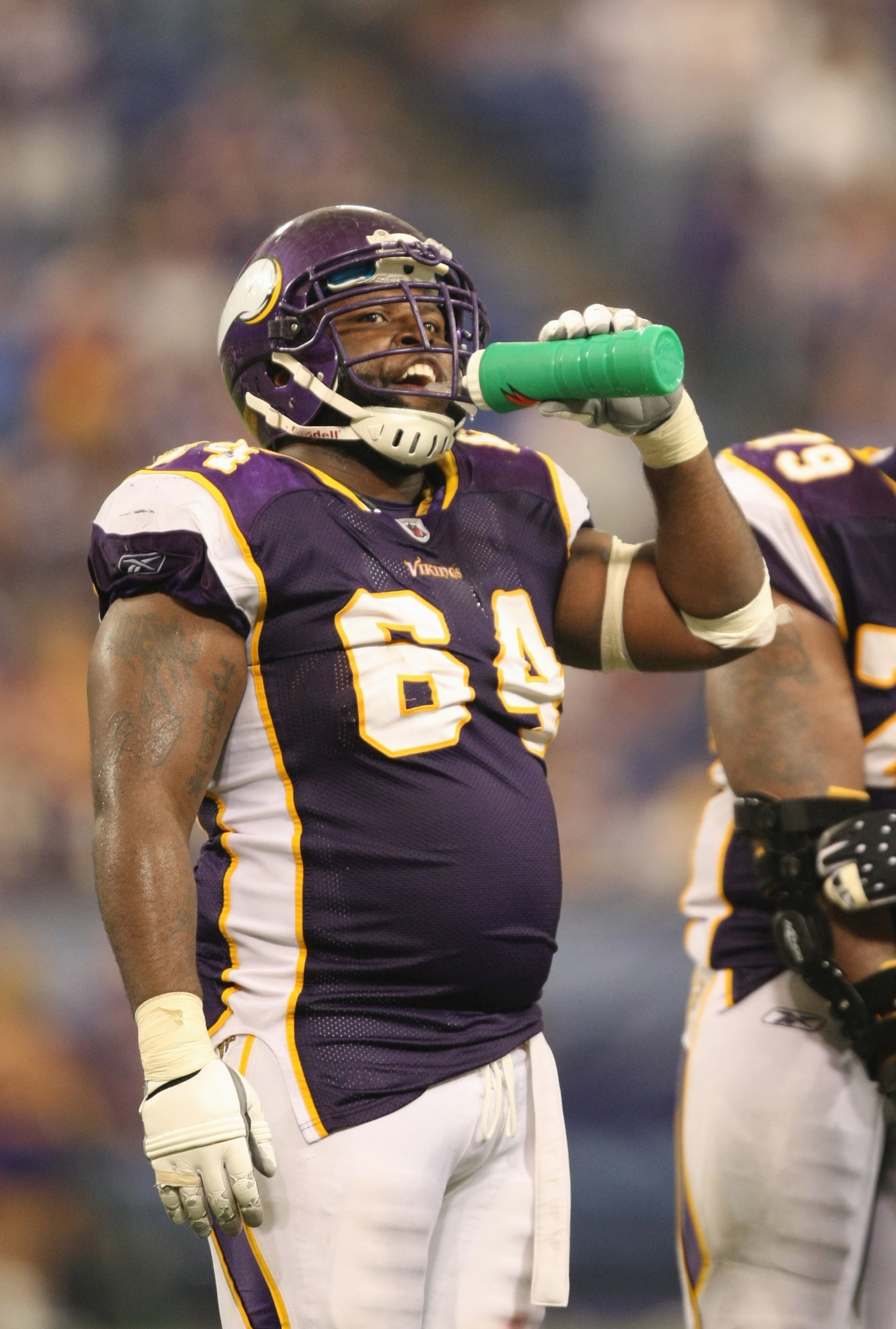 MINNEAPOLIS - SEPTEMBER 21:  Anthony Herrera #64 of the Minnesota Vikings takes a drink during the NFL game against the Carolina Panthers at the Hubert H. Humphrey Metrodome on September 21, 2008 in Minneapolis, Minnesota. The Vikings defeated the Panther