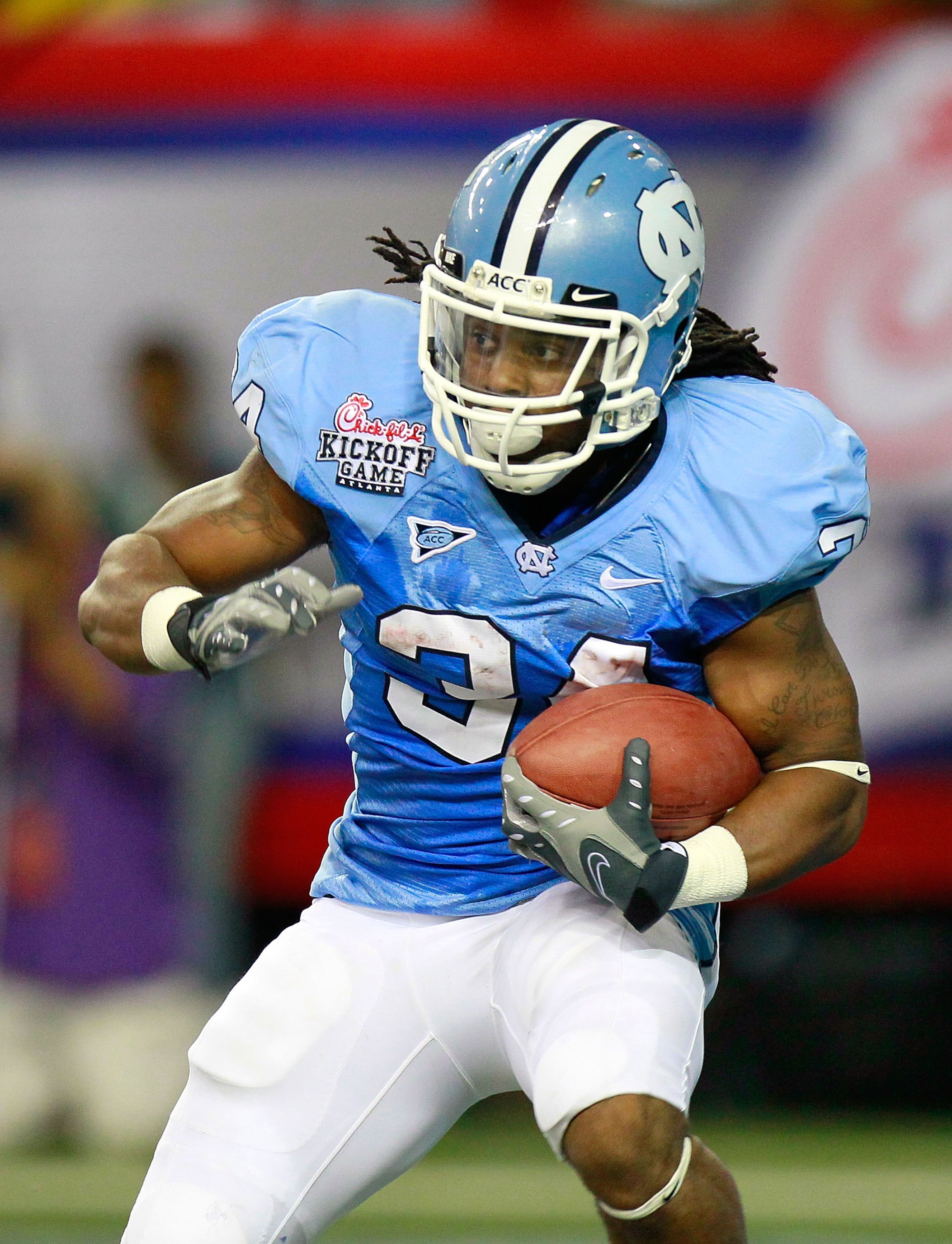 ATLANTA - SEPTEMBER 04: Johnny White #34 of the North Carolina Tar Heels against the LSU Tigers during the Chick-fil-A Kickoff Game at Georgia Dome on September 4, 2010 in Atlanta, Georgia. (Photo by Kevin C. Cox/Getty Images) ATLANTA - SEPTEMBER 04: Johnny White #34 of the North Carolina Tar Heels against the LSU Tigers during the Chick-fil-A Kickoff Game at Georgia Dome on September 4, 2010 in Atlanta, Georgia. (Photo by Kevin C. Cox/Getty Images)