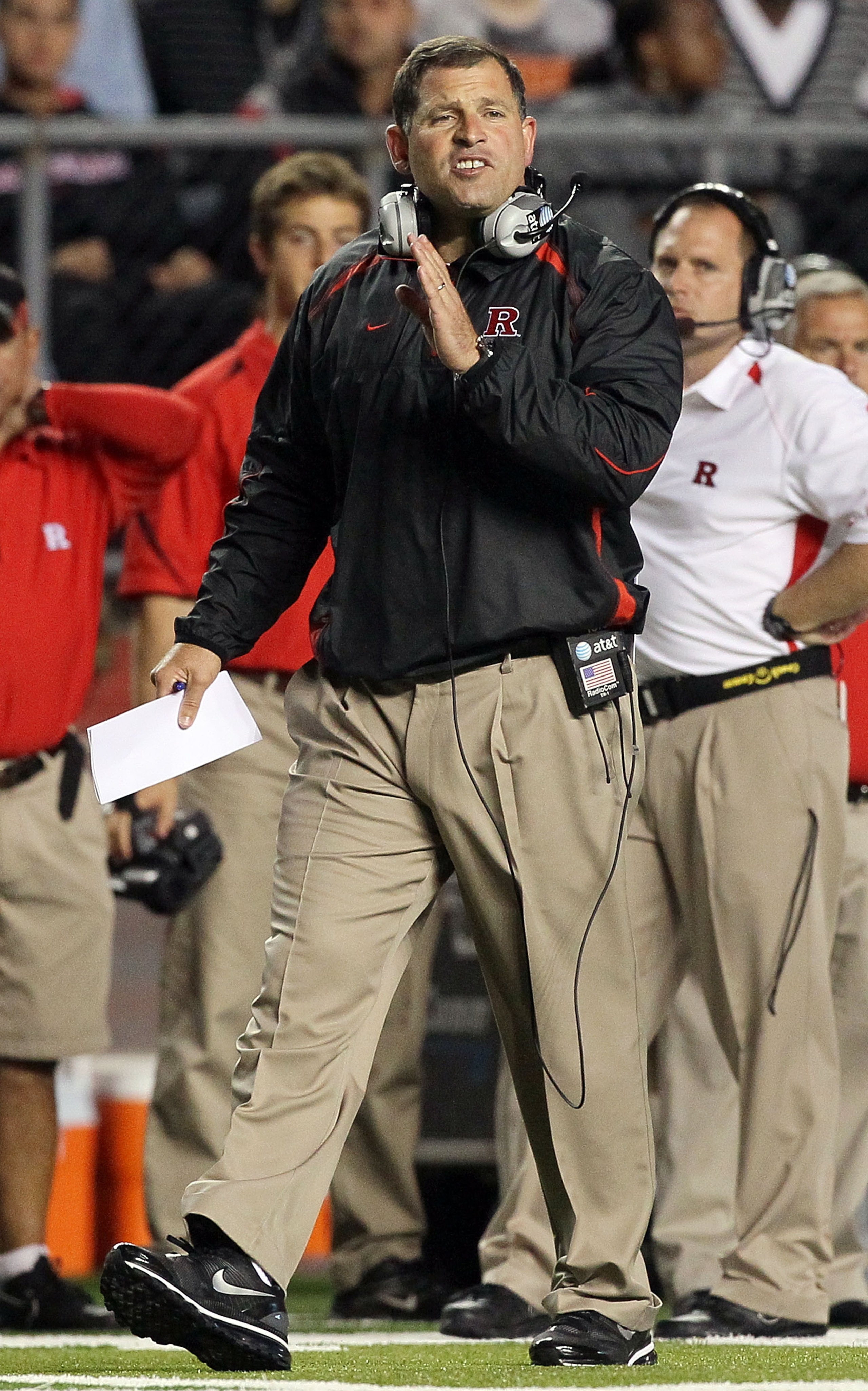 PISCATAWAY, NJ - OCTOBER 08:  Head coach Greg Schiano of the Rutgers Scarlet Knights looks on against the Connecticut Huskies at Rutgers Stadium on October 8, 2010 in Piscataway, New Jersey.  (Photo by Jim McIsaac/Getty Images)