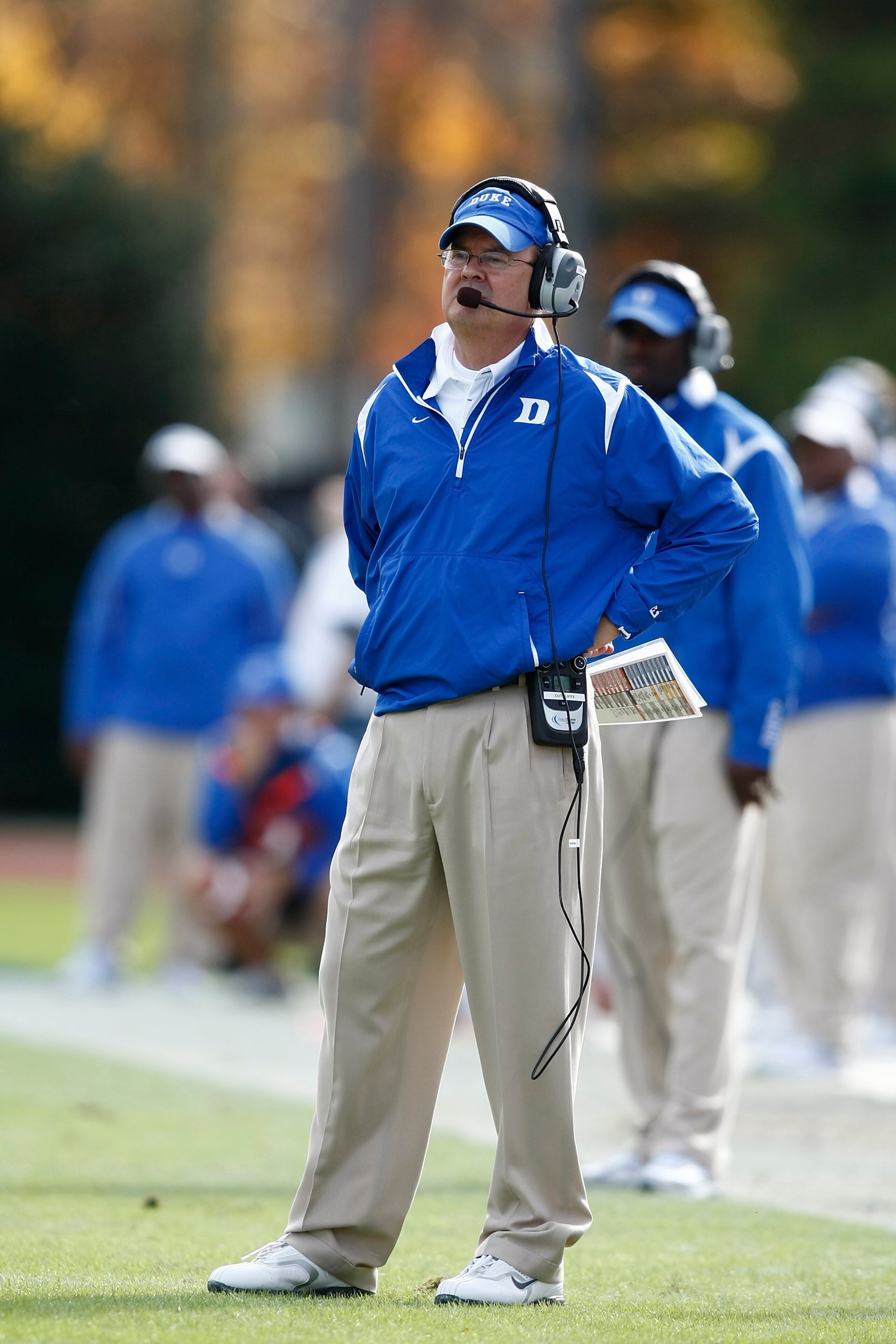 DURHAM, NC - NOVEMBER 14:  Head coach David Cutcliffe of the Duke Blue Devils looks on against the Georgia Tech Yellow Jackets at Wallace Wade Stadium on November 14, 2009 in Durham, North Carolina. (Photo by Joe Robbins/Getty Images)