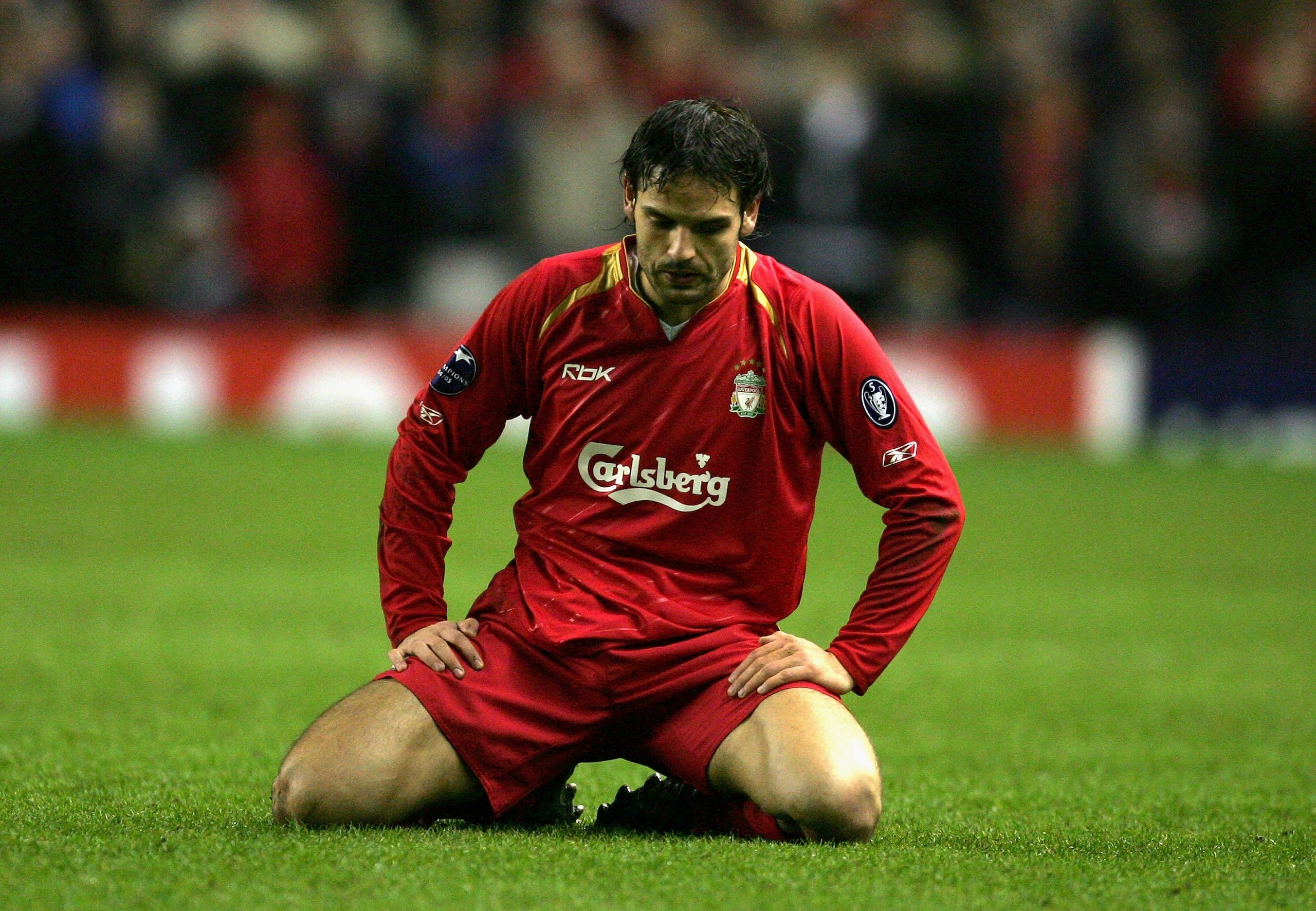 LIVERPOOL, UNITED KINGDOM - MARCH 08: Fernando Morientes of Liverpool looks dejectedly at the turf during the last 16 2nd leg UEFA Champions League match between Liverpool and Benfica at Anfield on March 8, 2006 in Liverpool, England. (Photo by Alex Lives