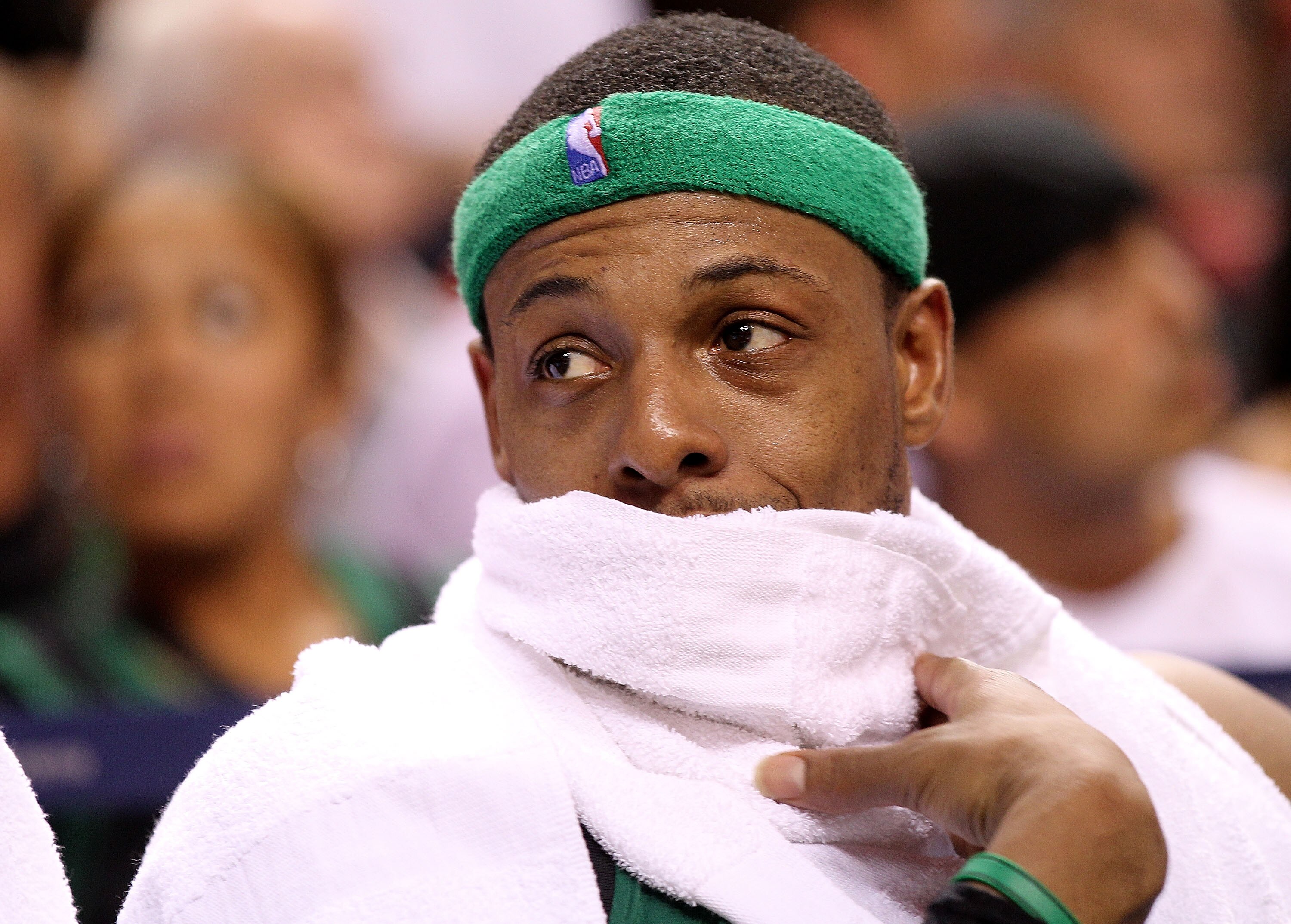 MIAMI, FL - APRIL 10:  Paul Pierce #34 of the Boston Celtics looks on during a game against the Miami Heat  at American Airlines Arena on April 10, 2011 in Miami, Florida. NOTE TO USER: User expressly acknowledges and agrees that, by downloading and/or us