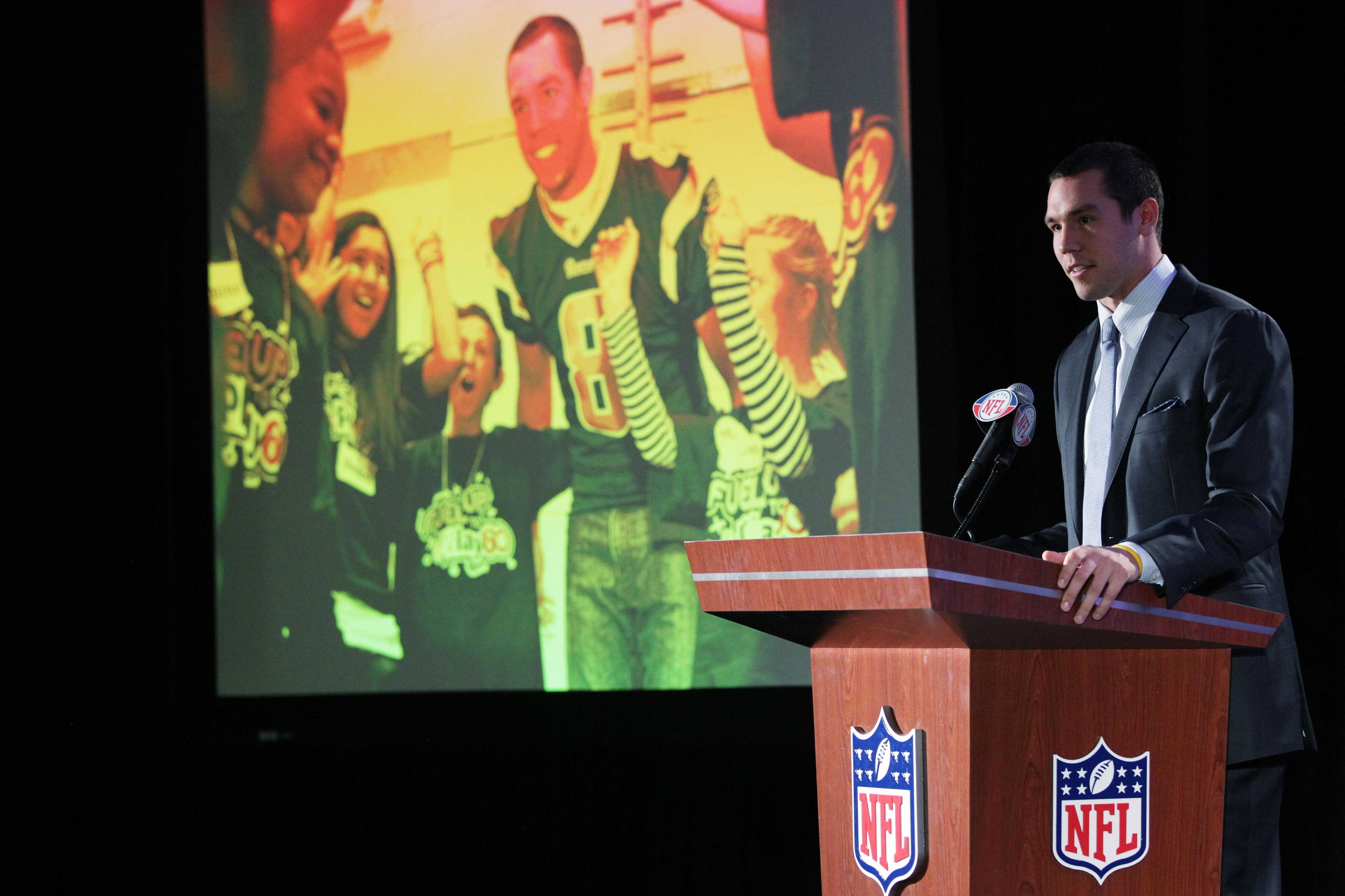 DALLAS, TX - FEBRUARY 04:  Sam Bradford of the St. Louis Rams speaks during the launch of the Gen YOUth Foundation, a new nonprofit organization that supports in-school efforts to end childhood obesity, at the Super Bowl XLV media center on February 4, 20