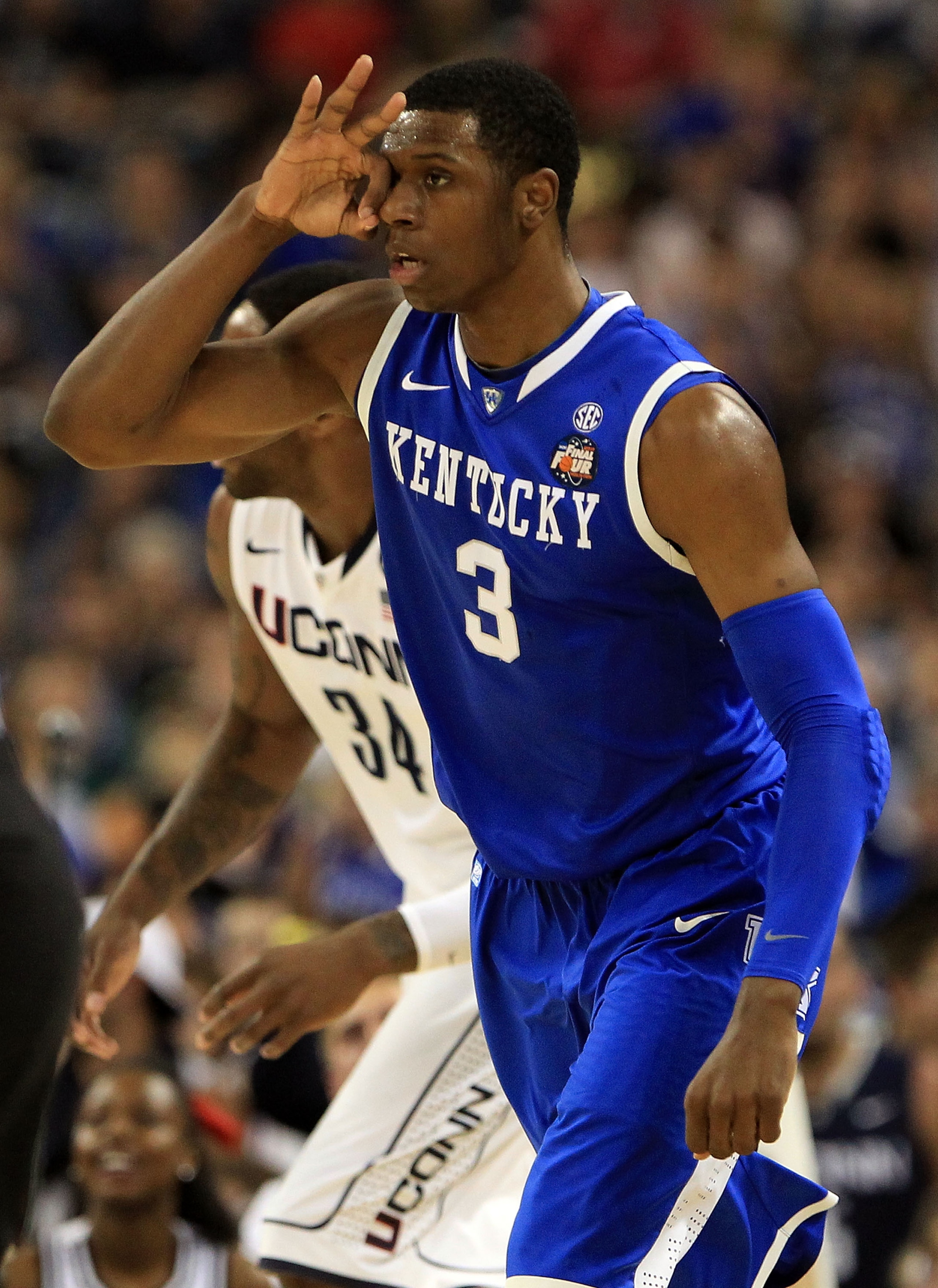 HOUSTON, TX - APRIL 02: Terrence Jones #3 of the Kentucky Wildcats reacts after hitting a three pointer against the Connecticut Huskies during the National Semifinal game of the 2011 NCAA Division I Men's Basketball Championship at Reliant Stadium on Apr HOUSTON, TX - APRIL 02: Terrence Jones #3 of the Kentucky Wildcats reacts after hitting a three pointer against the Connecticut Huskies during the National Semifinal game of the 2011 NCAA Division I Men's Basketball Championship at Reliant Stadium on Apr