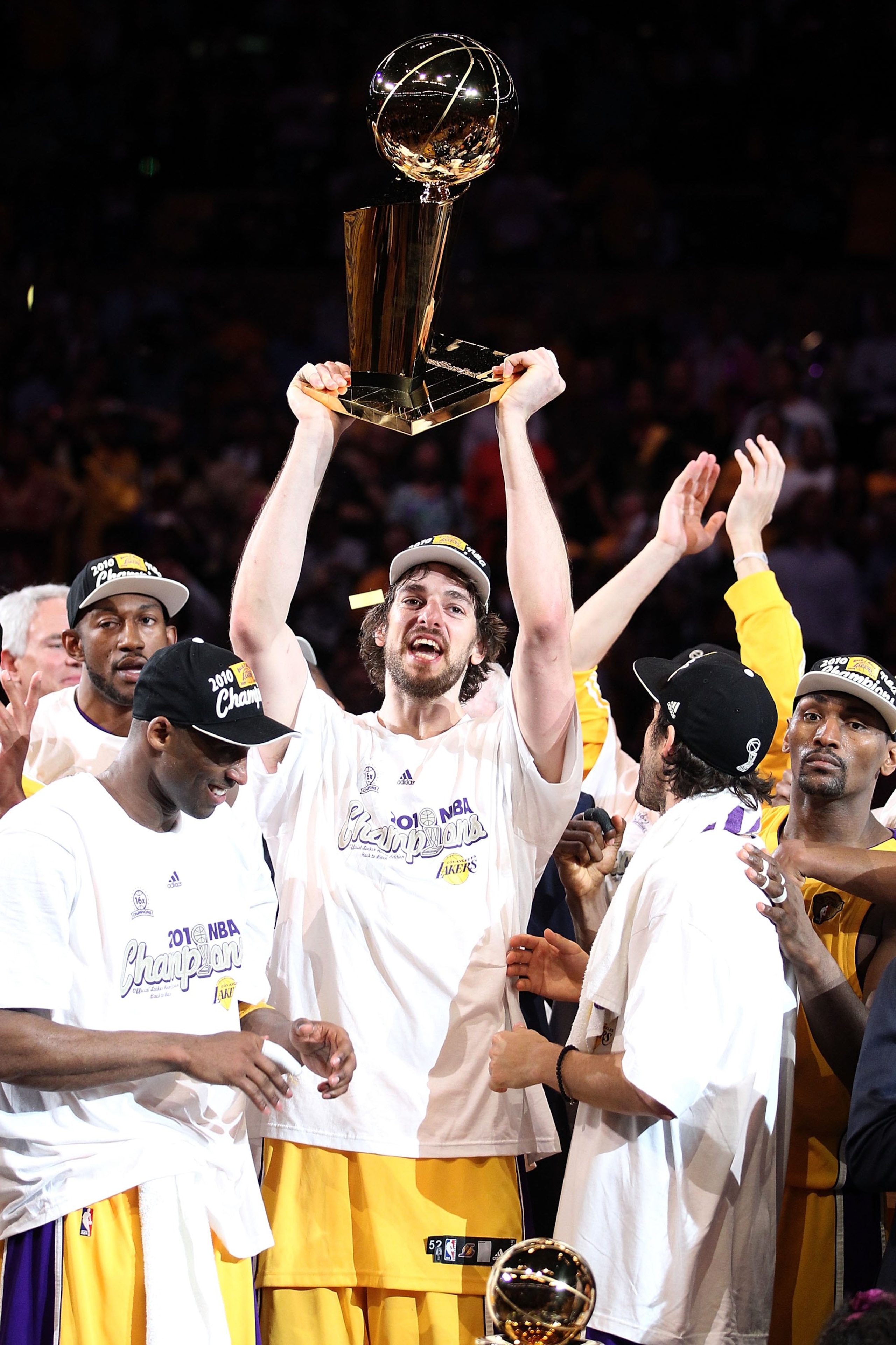 LOS ANGELES, CA - JUNE 17:  Pau Gasol #16 of the Los Angeles Lakers holds up the Larry O'Brien trophy after the Lakers defeated the Boston Celtics in Game Seven of the 2010 NBA Finals at Staples Center on June 17, 2010 in Los Angeles, California.  NOTE TO