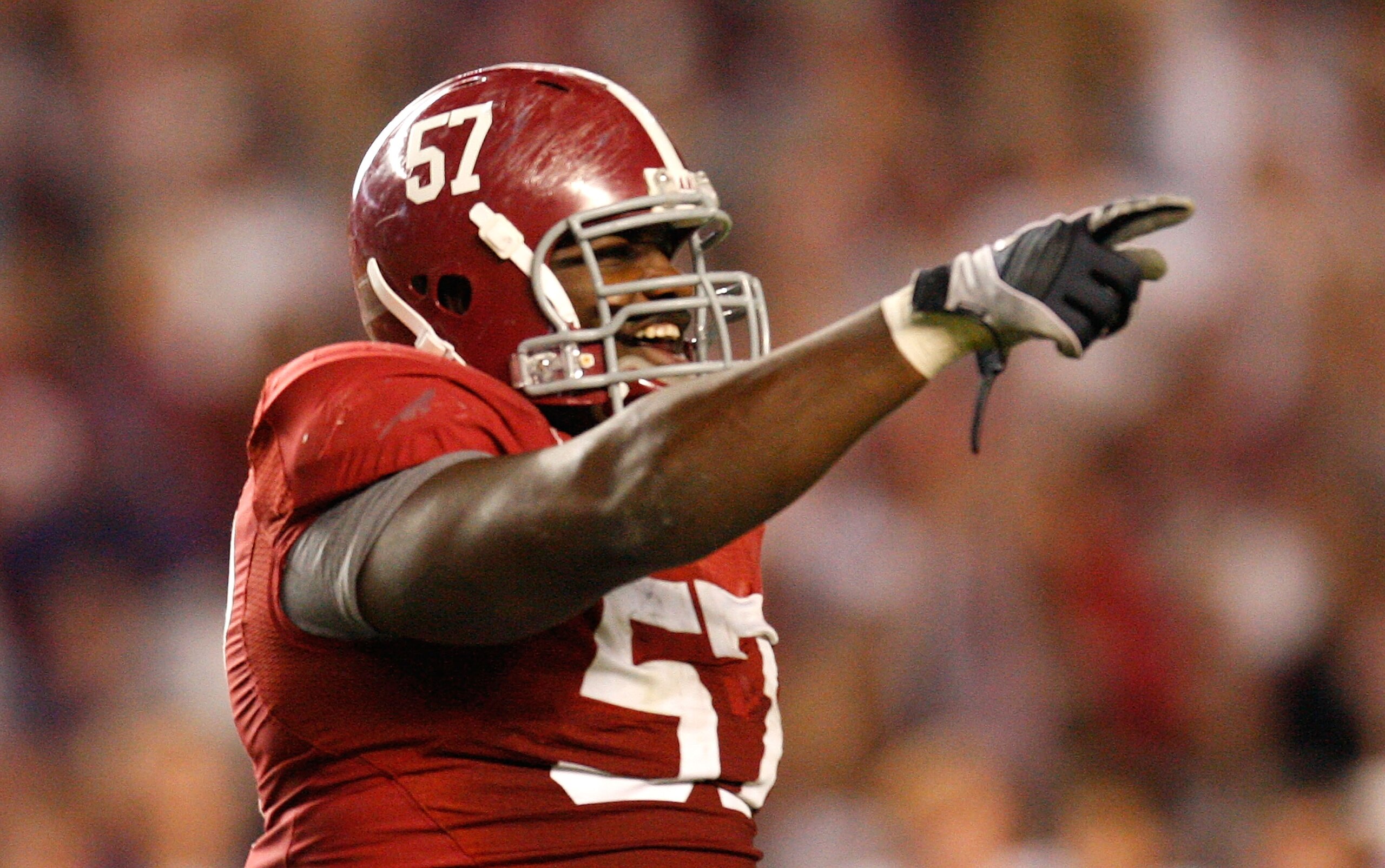 TUSCALOOSA, AL - NOVEMBER 07:  Marcell Dareus #57 of the Alabama Crimson Tide celebrates his second sack in the fourth quarter against the Louisiana State University Tigers at Bryant-Denny Stadium on November 7, 2009 in Tuscaloosa, Alabama.  (Photo by Kev