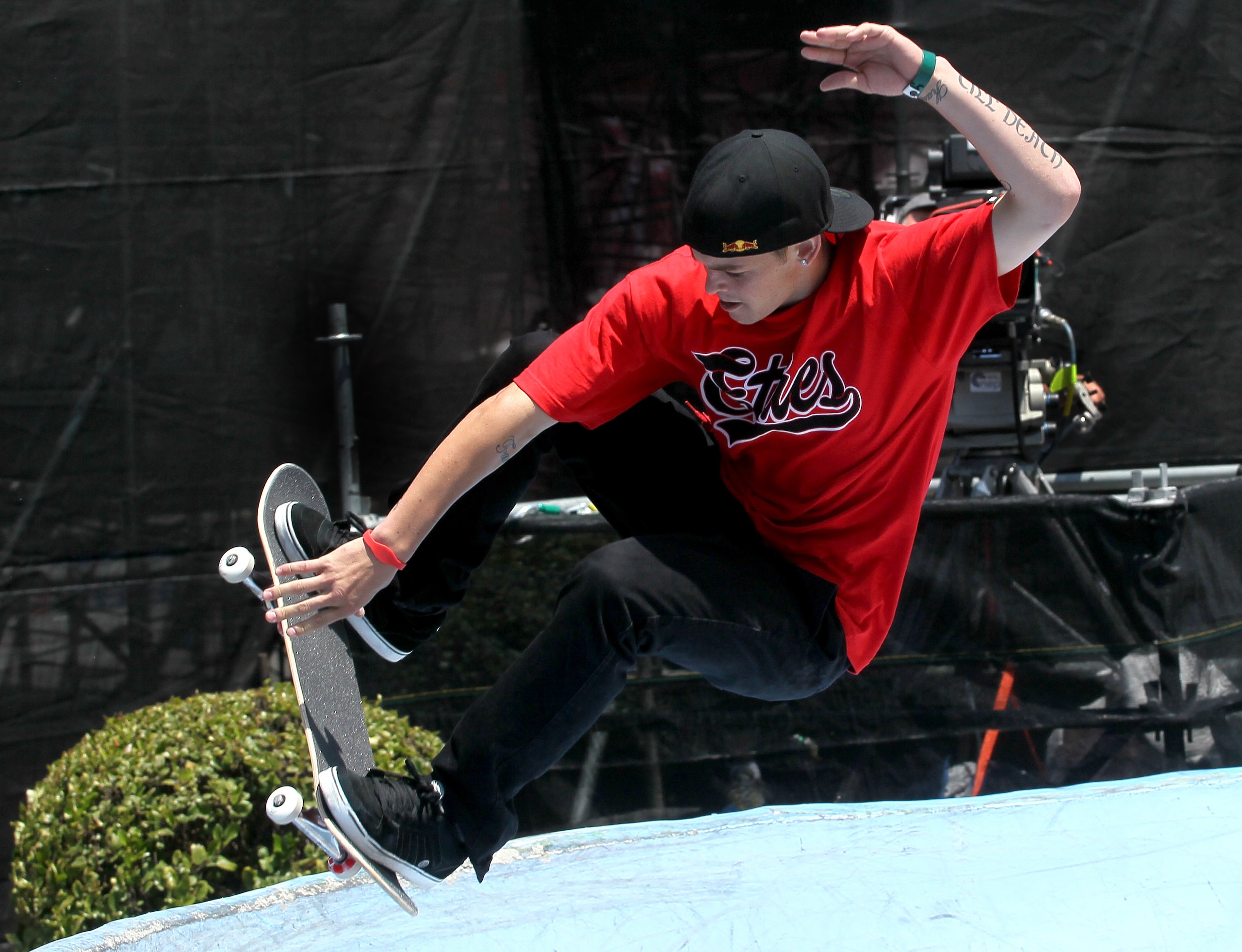 LOS ANGELES - JULY 31:  Ryan Scheckler performs during the Skateboard Street Men's Final Final at the Event Deck at LA LIVE during X Games 16 on July 31, 2010 in Los Angeles, California. (Photo be Stephen Dunn/Getty Images)