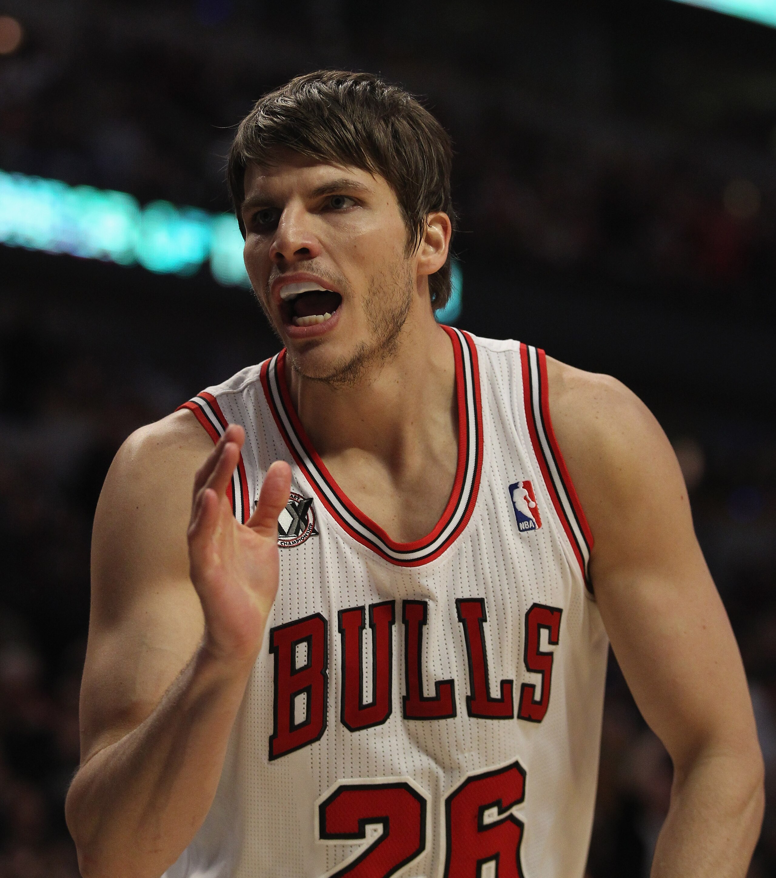 CHICAGO, IL - APRIL 13: Kyle Korver #26 of the Chicago Bulls tries to get a referee to make a three-point call after a shot against the New Jersey Nets at the United Center on April 13, 2011 in Chicago, Illinois. The Bulls defeated the Nets 97-92. NOTE TO