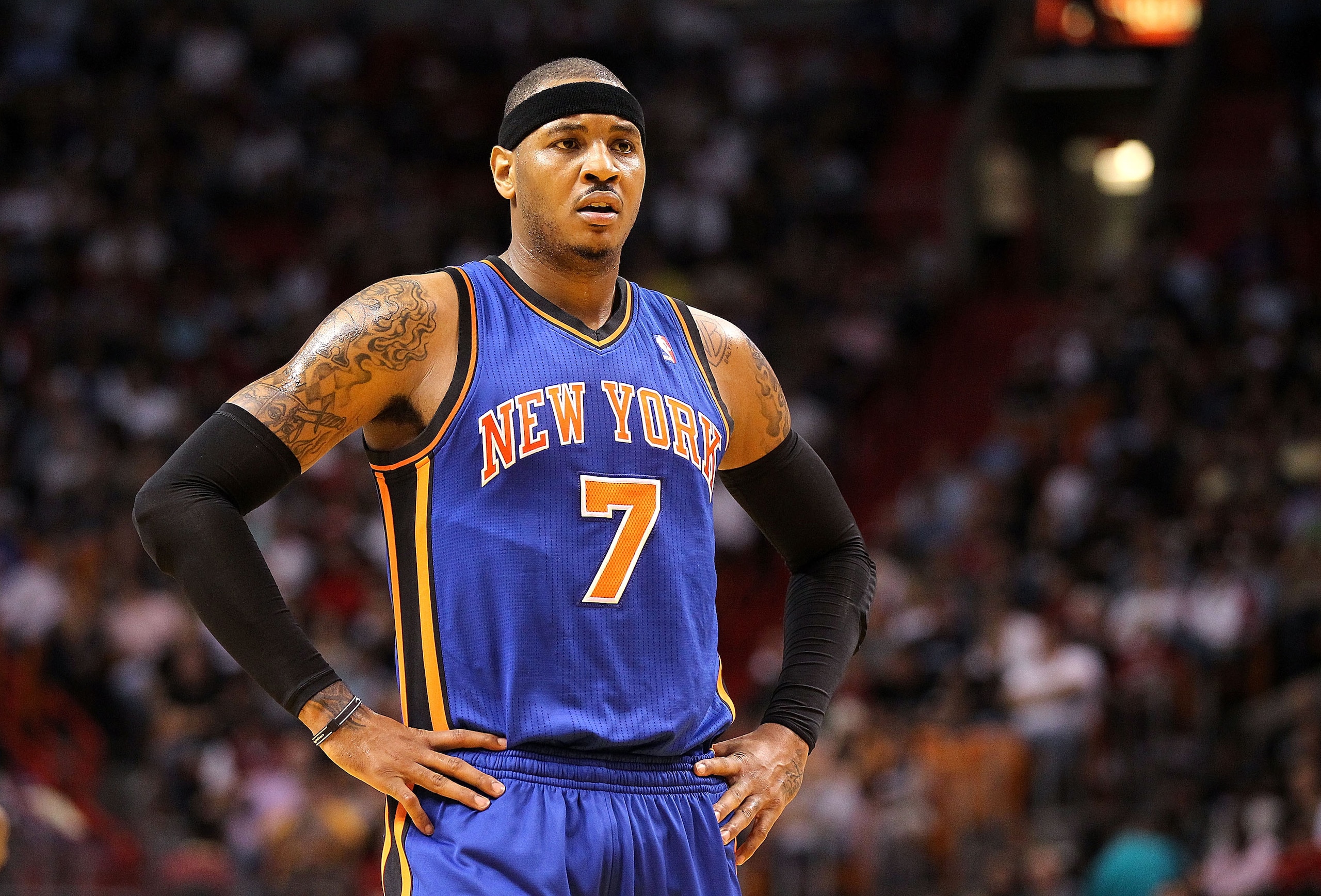 MIAMI, FL - FEBRUARY 27:  Carmelo Anthony #7 of the New York Knicks stands on the court during a game against the Miami Heat at American Airlines Arena on February 27, 2011 in Miami, Florida. NOTE TO USER: User expressly acknowledges and agrees that, by d