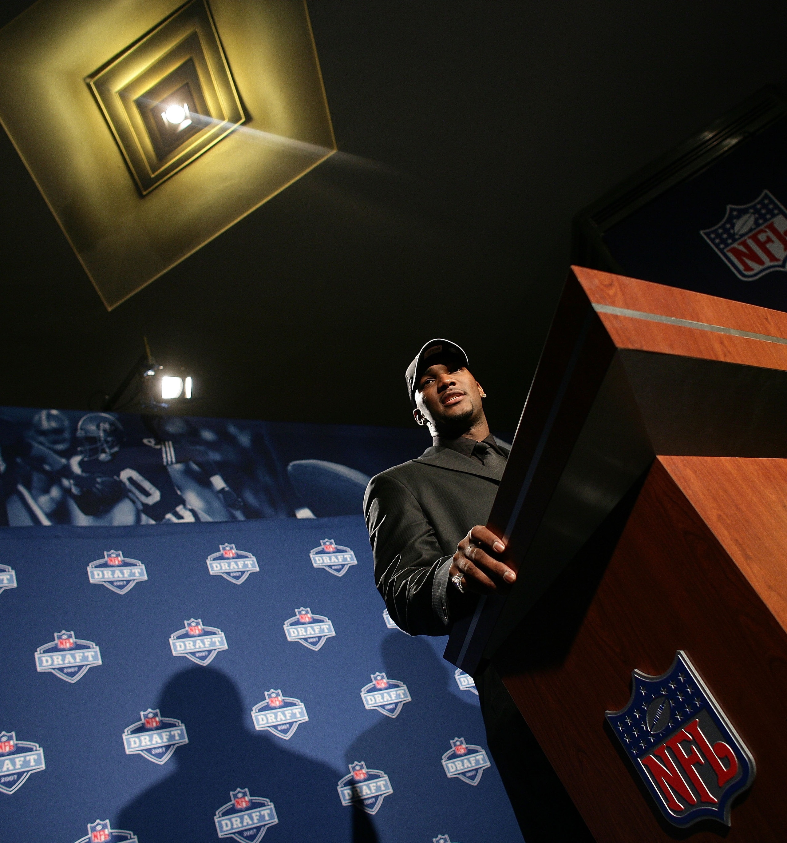 NEW YORK - APRIL 28:  JaMarcus Russell talks with media at a press conference, after being chosen first overall by the Oakland Raiders at the 2007 NFL Draft at Radio City Music Hall April 28, 2007 in New York City.  (Photo by Nick Laham/Getty Images)