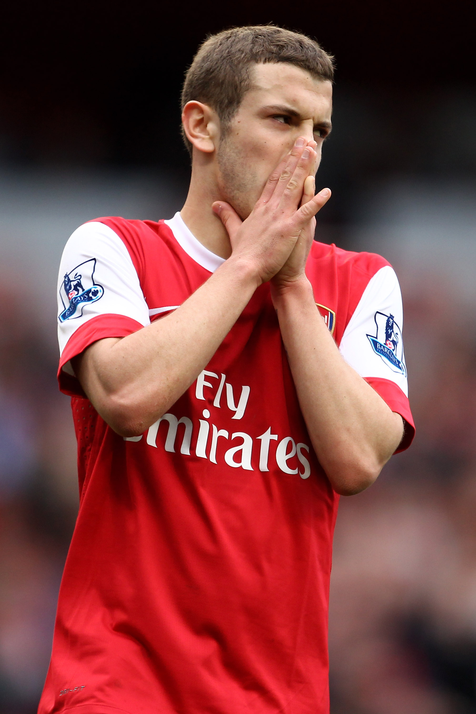 LONDON, ENGLAND - APRIL 02:  Jack Wilshere of Arsenal reacts after a missed oppurtunity during the Barclays Premier League match between Arsenal and Blackburn Rovers at the Emirates Stadium on April 2, 2011 in London, England.  (Photo by Julian Finney/Get