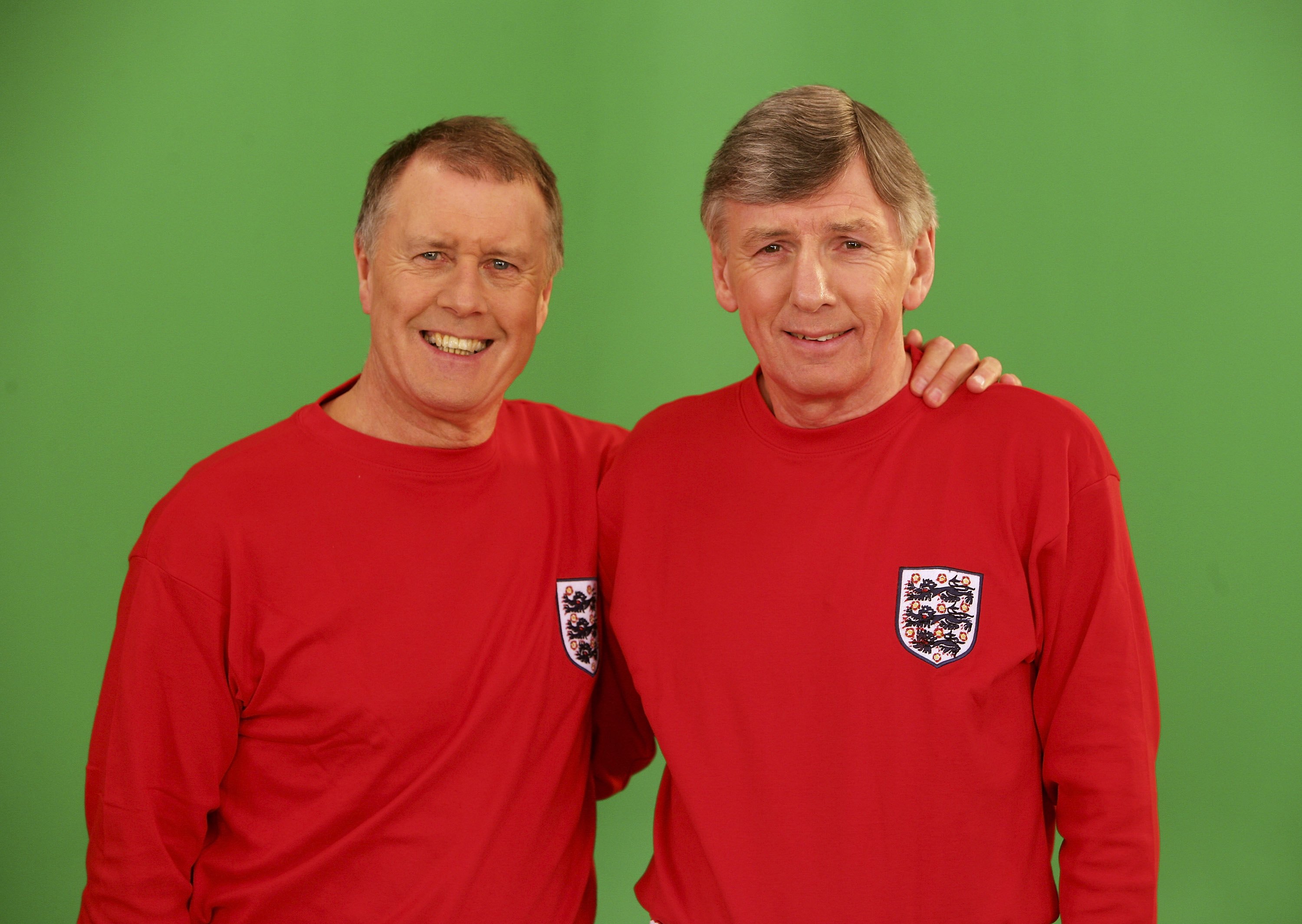 LONDON - APRIL 28:  (UK TABLOID NEWSPAPERS OUT)  Members of the 1966 England World Cup team Sir Geoff Hurst (L) and Martin Peters are filmed for the video to accompany an England World Cup song 'Who Do You Think You Are Kidding, Jurgen Klinsmann' at Camde