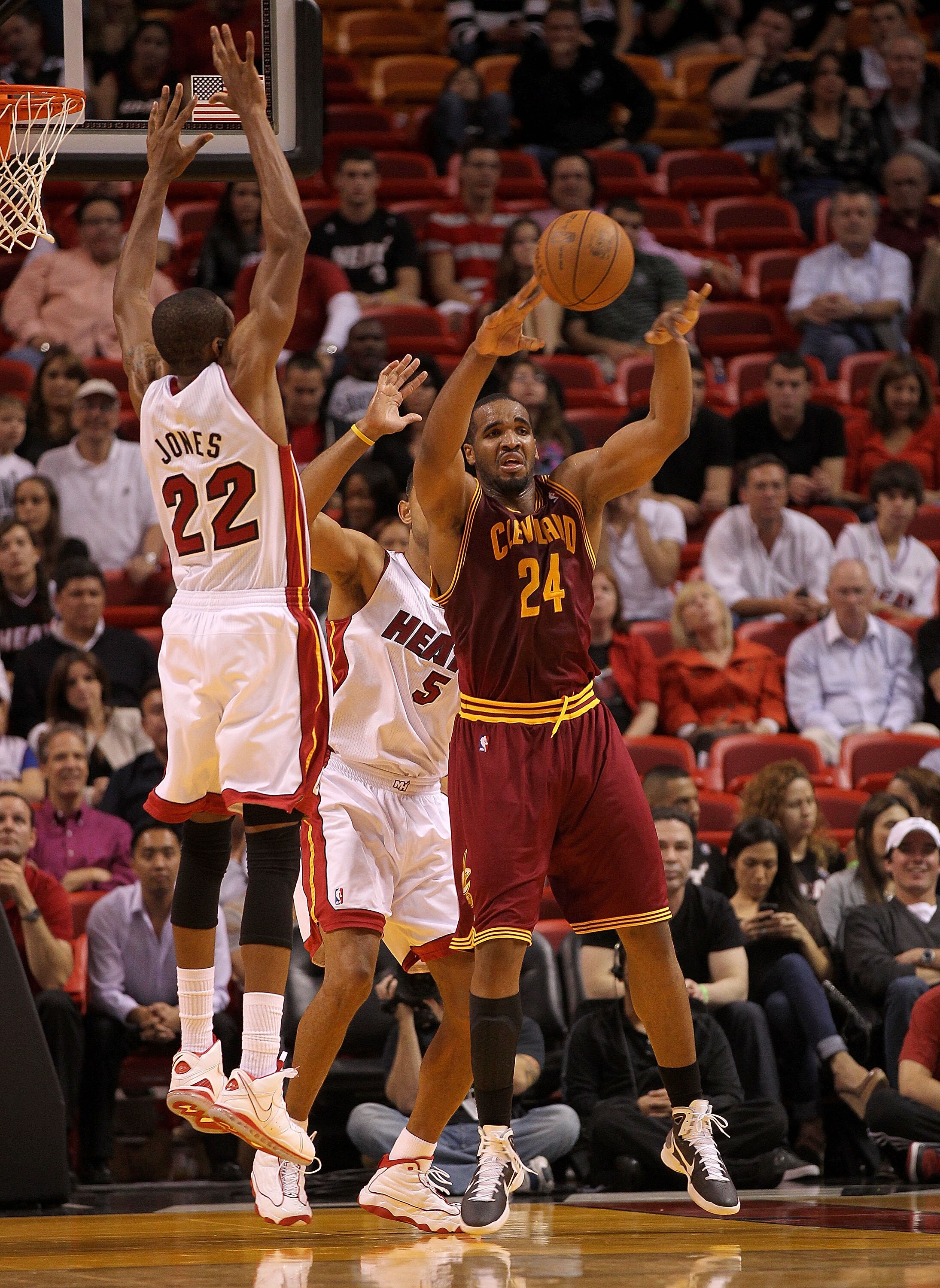 MIAMI, FL - JANUARY 31: Samardo Samuels #24 of the  Cleveland Cavaliers  passes out of trouble during a game against the Miami Heat  at American Airlines Arena on January 31, 2011 in Miami, Florida. NOTE TO USER: User expressly acknowledges and agrees tha